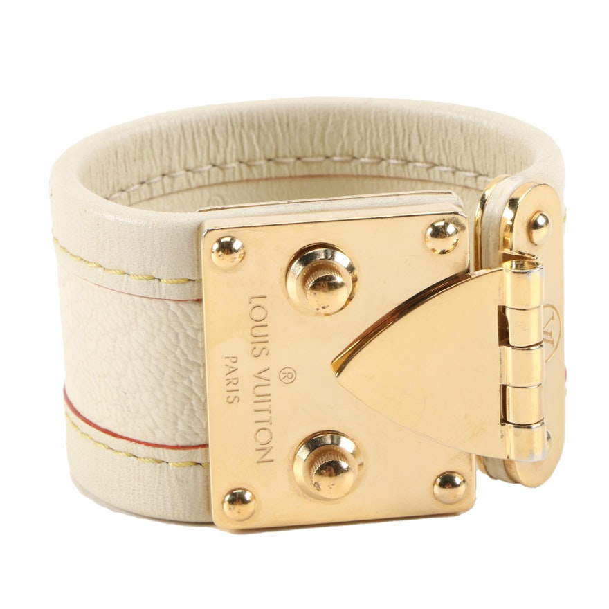 Louis Vuitton Louis Vuitton White Suhali Leather Belt With Gold