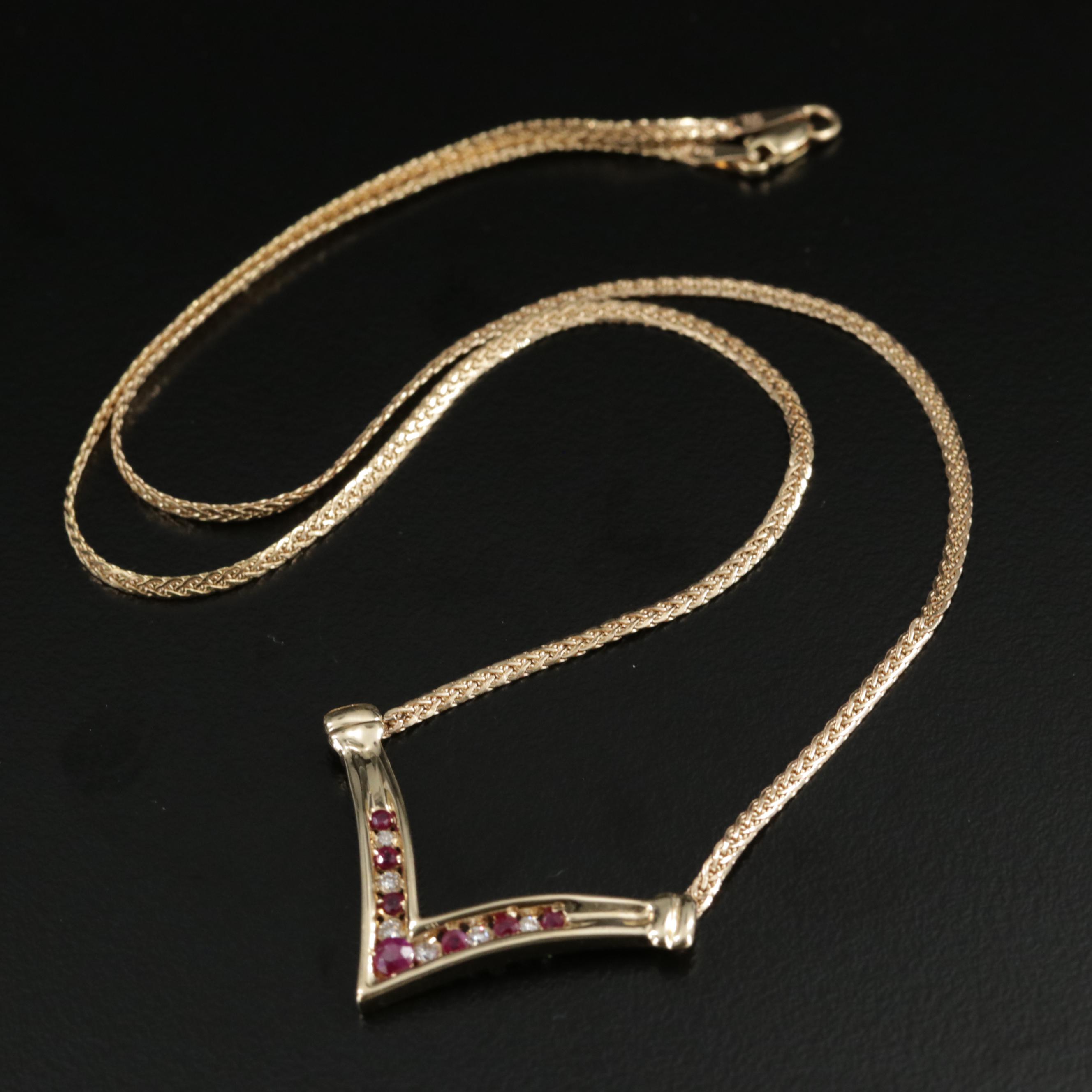 14K Yellow Gold Ruby and Diamond Chevron Necklace | EBTH