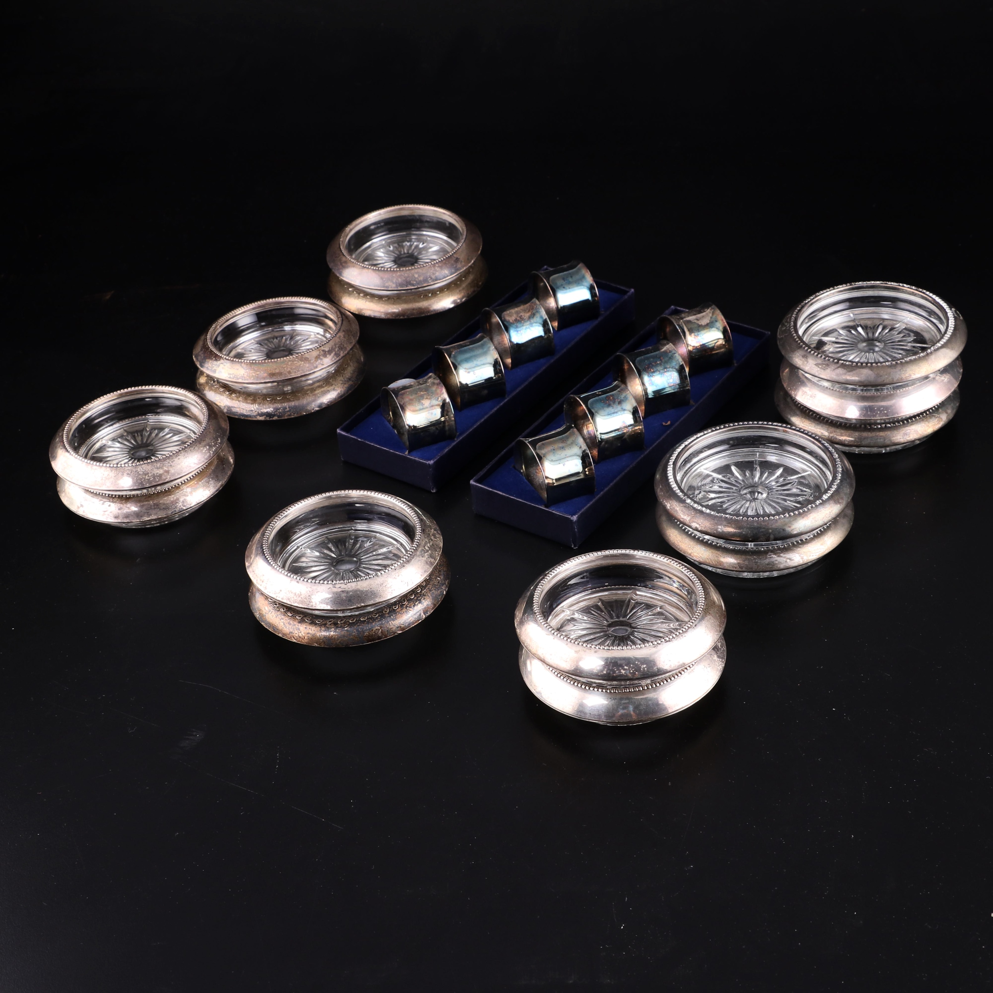 Sterling and Glass Coasters with Sheridan Silver Plate Napkin Rings EBTH