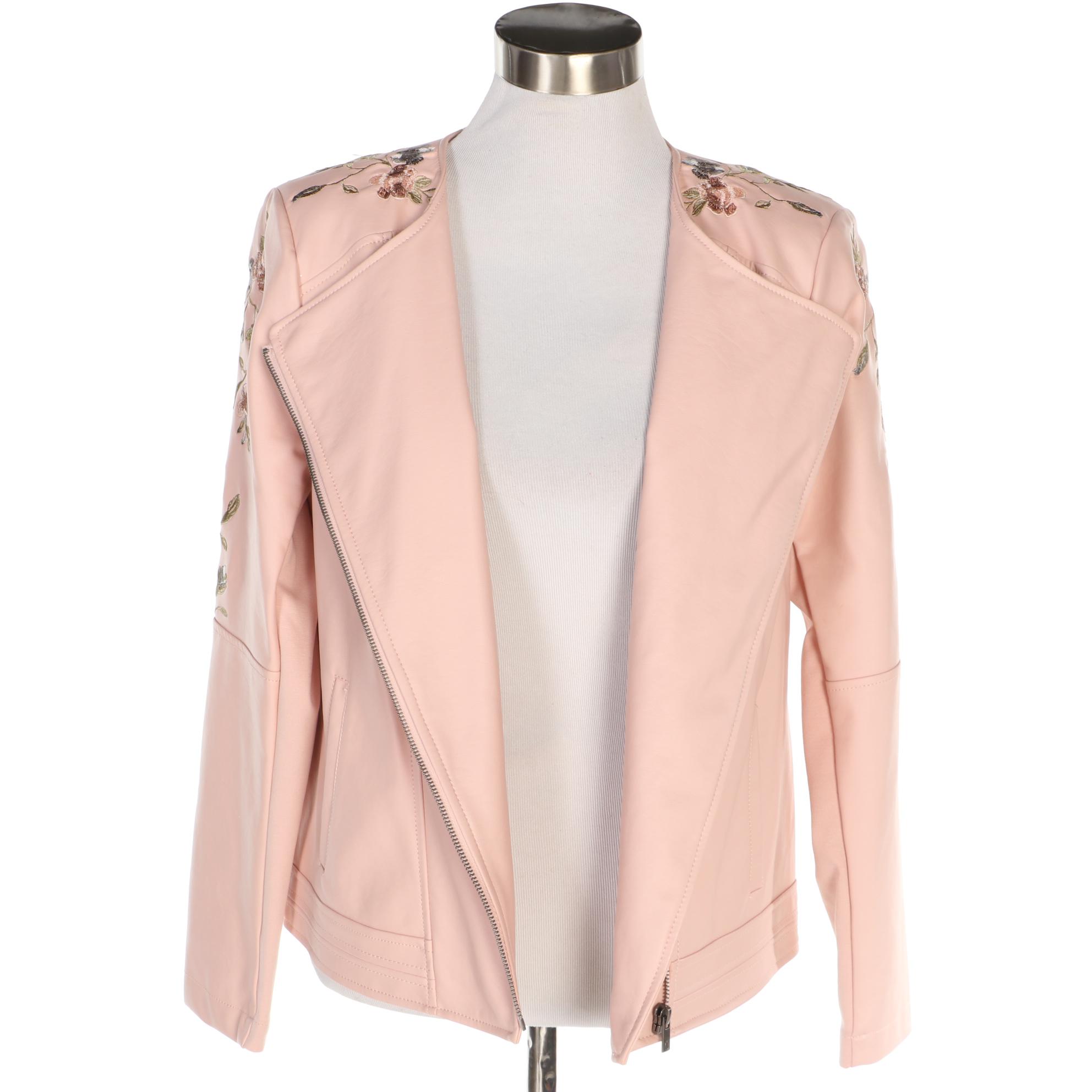 G By Giuliana Rancic Blush Faux Leather Embroidered Moto Jacket EBTH