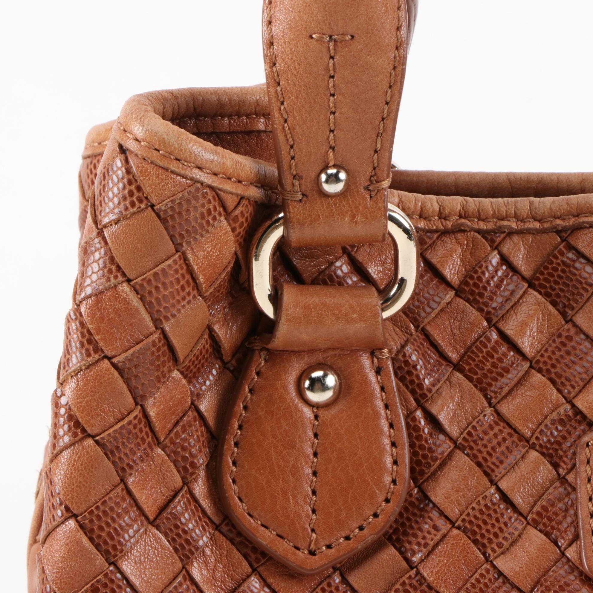 Cole Haan Brown Leather Basket Weave Shoulder Bag with Detachable Strap