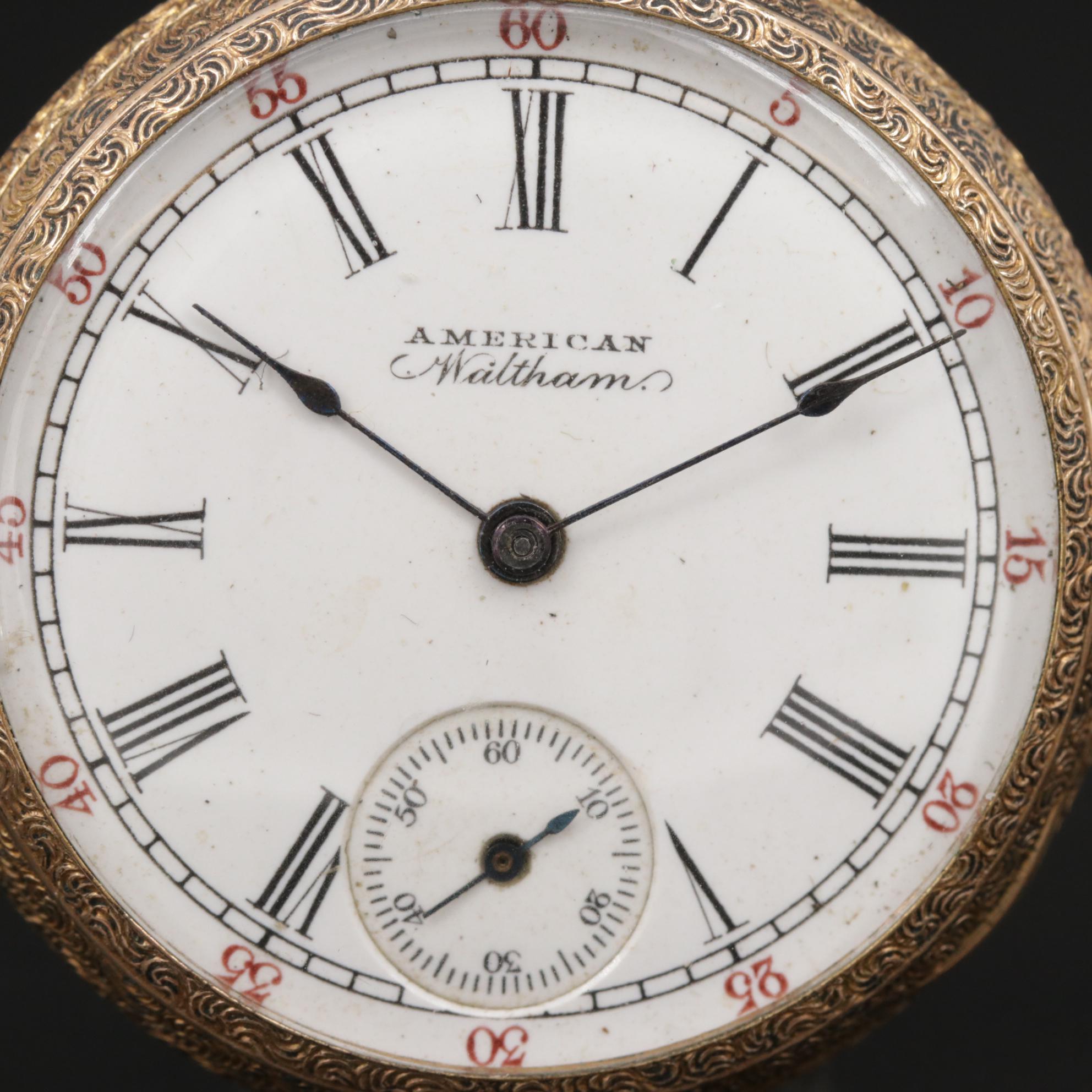 1896 American Waltham Open Face Pocket Watch with Gold Filled Fob Chain