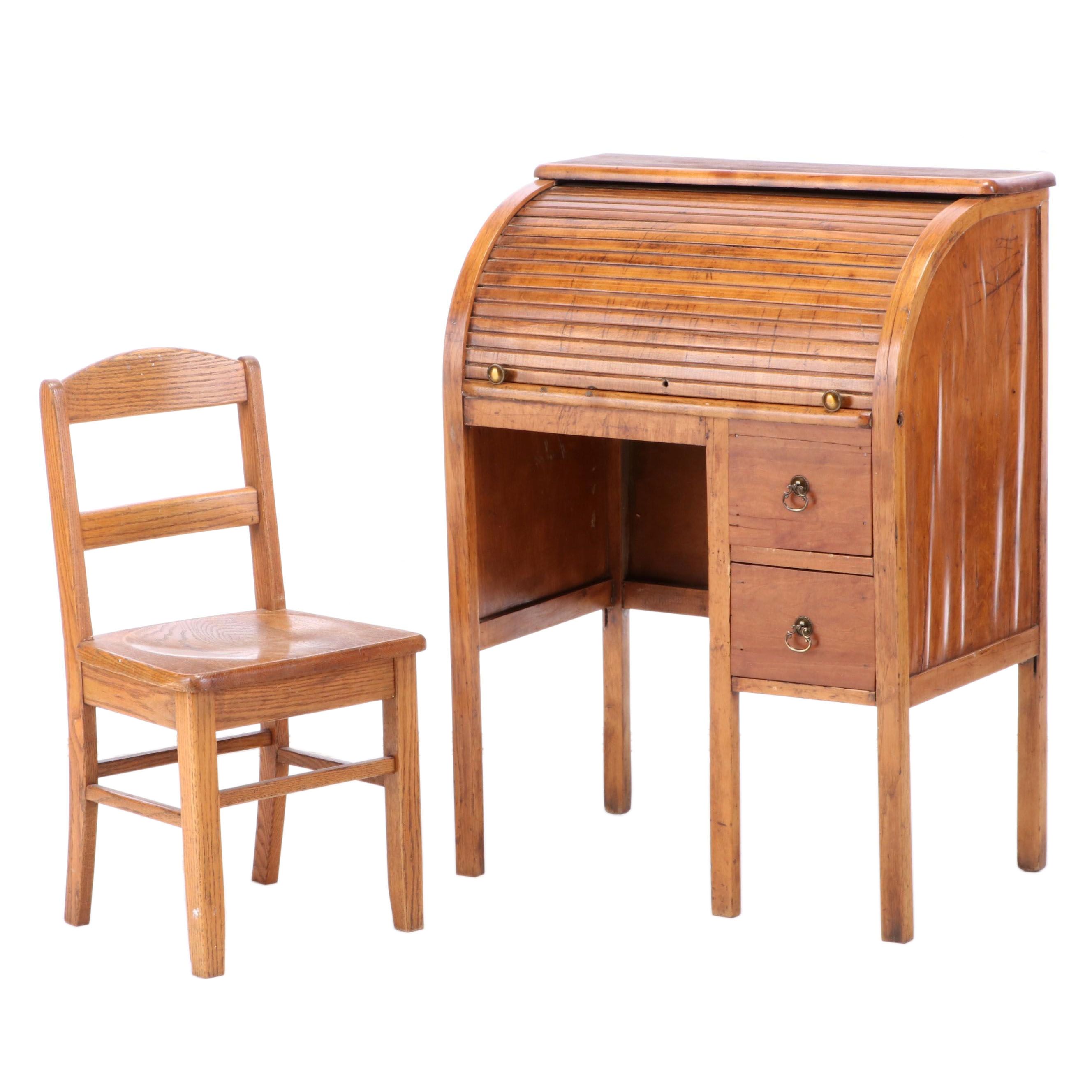 Children's Oak RollTop Desk and Chair, Early 20th Century EBTH