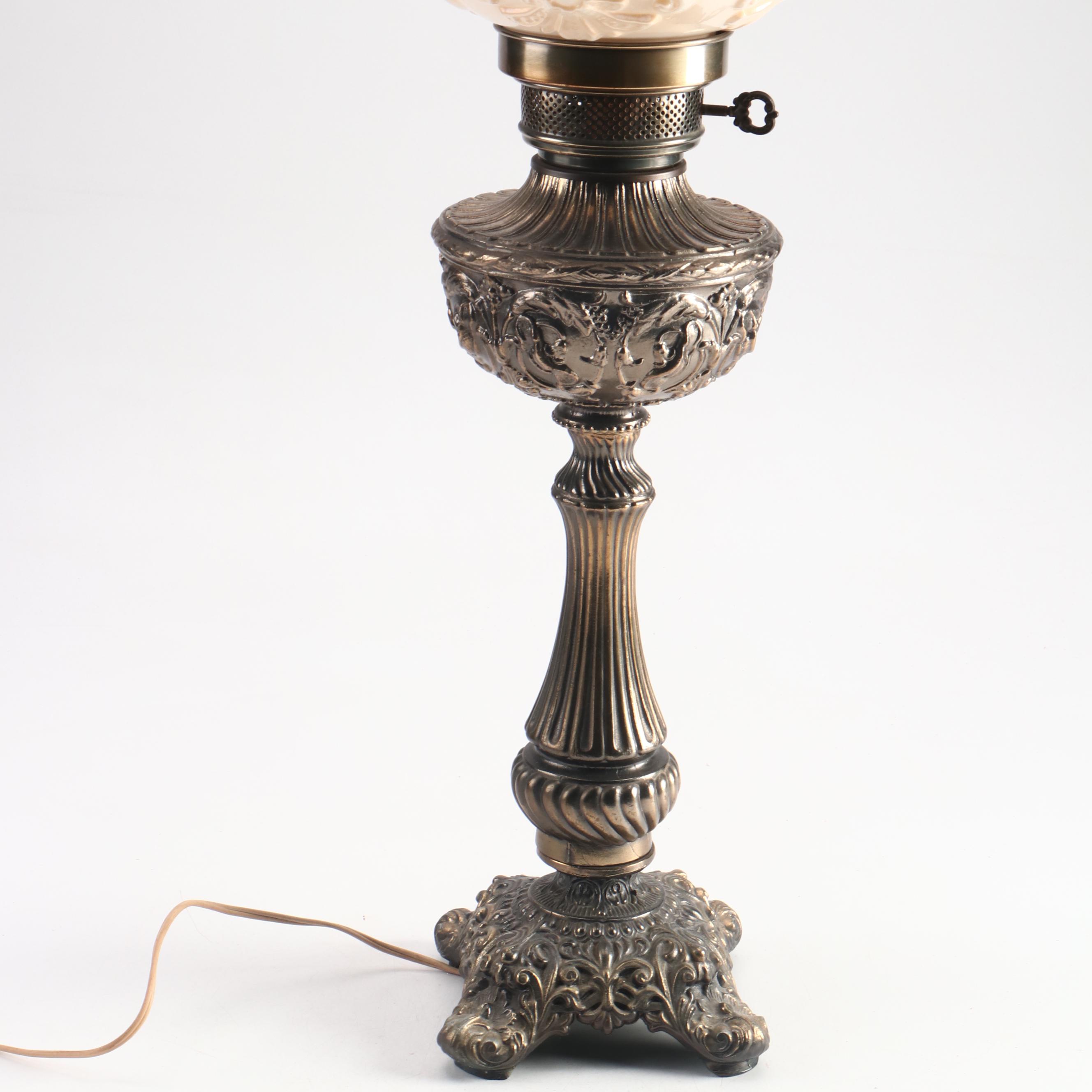Victorian Embossed Brass Parlor Lamp with Painted Milk Glass Globe