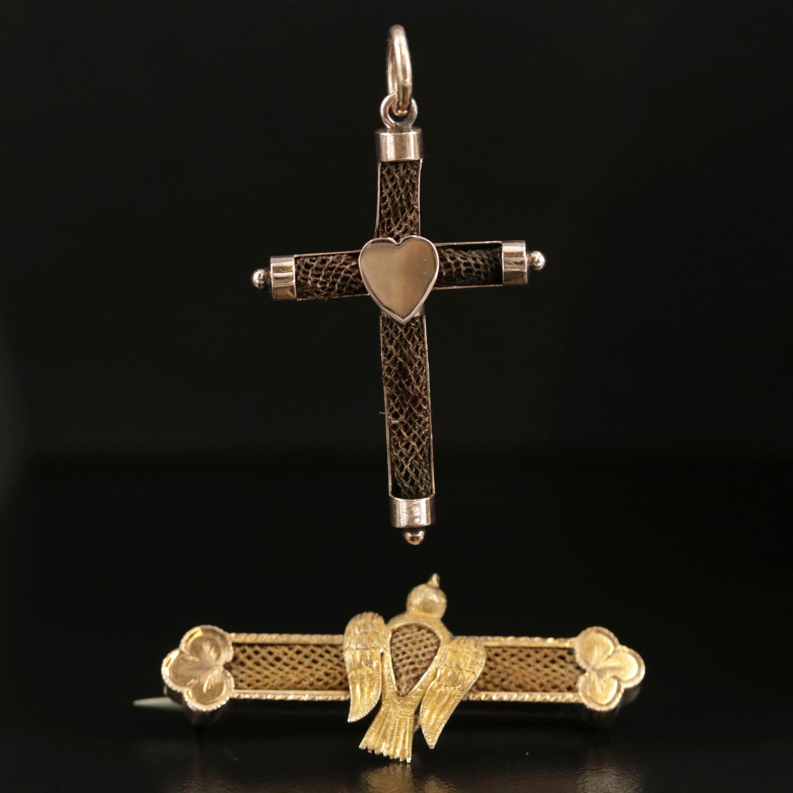Download Victorian Mourning Jewelry Featuring 10K Cross Pendant and 14K Brooch | EBTH