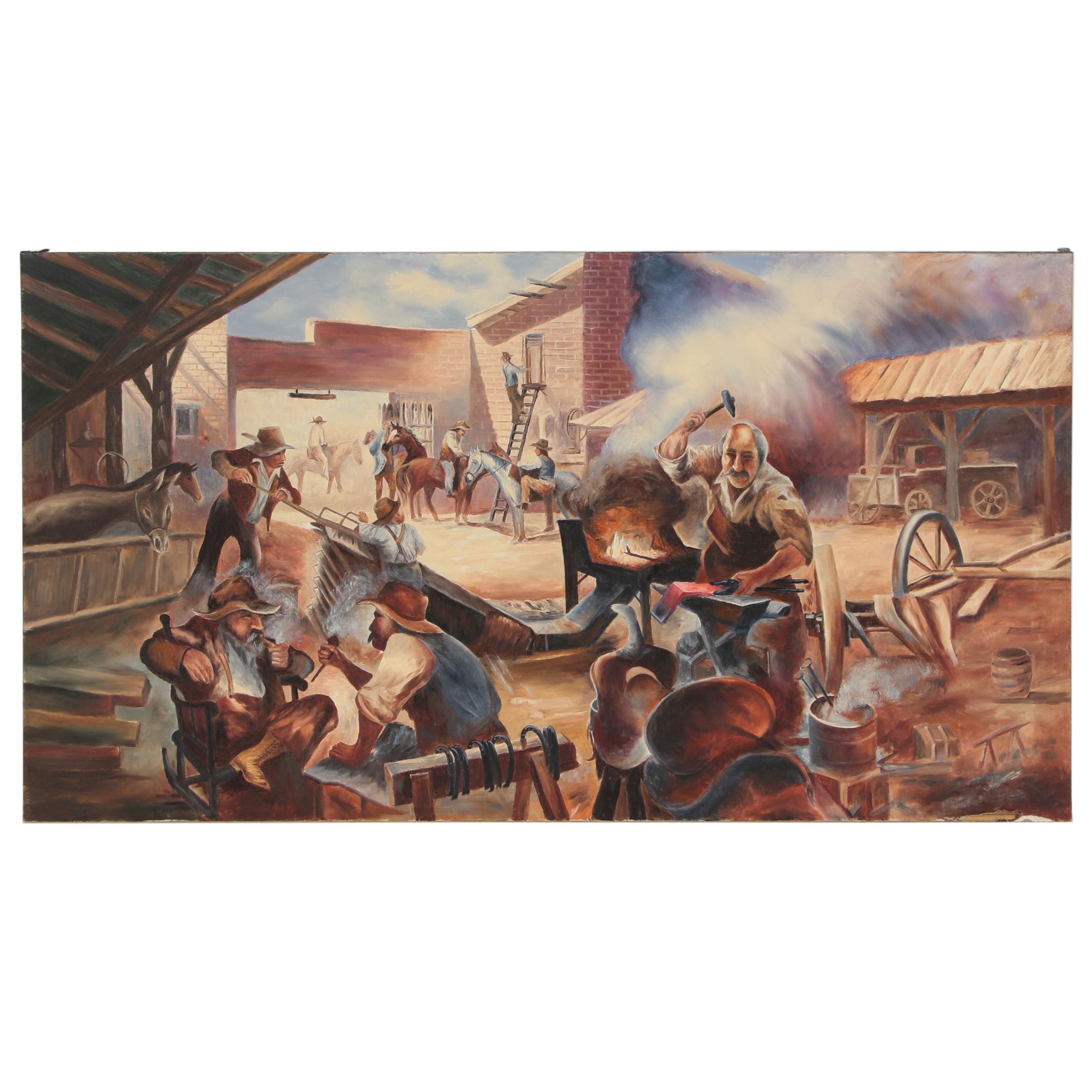 Western Town Scene Oil Painting Attributed To Ernst Bartenberger