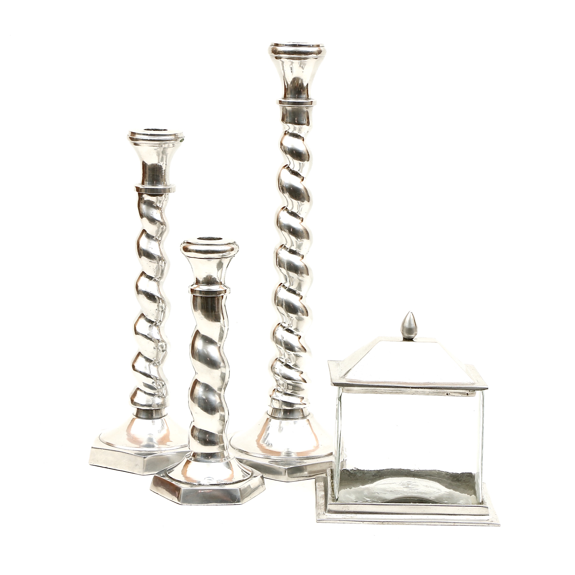 Pottery Barn Twist Pewter Candlesticks with Lidded Container EBTH