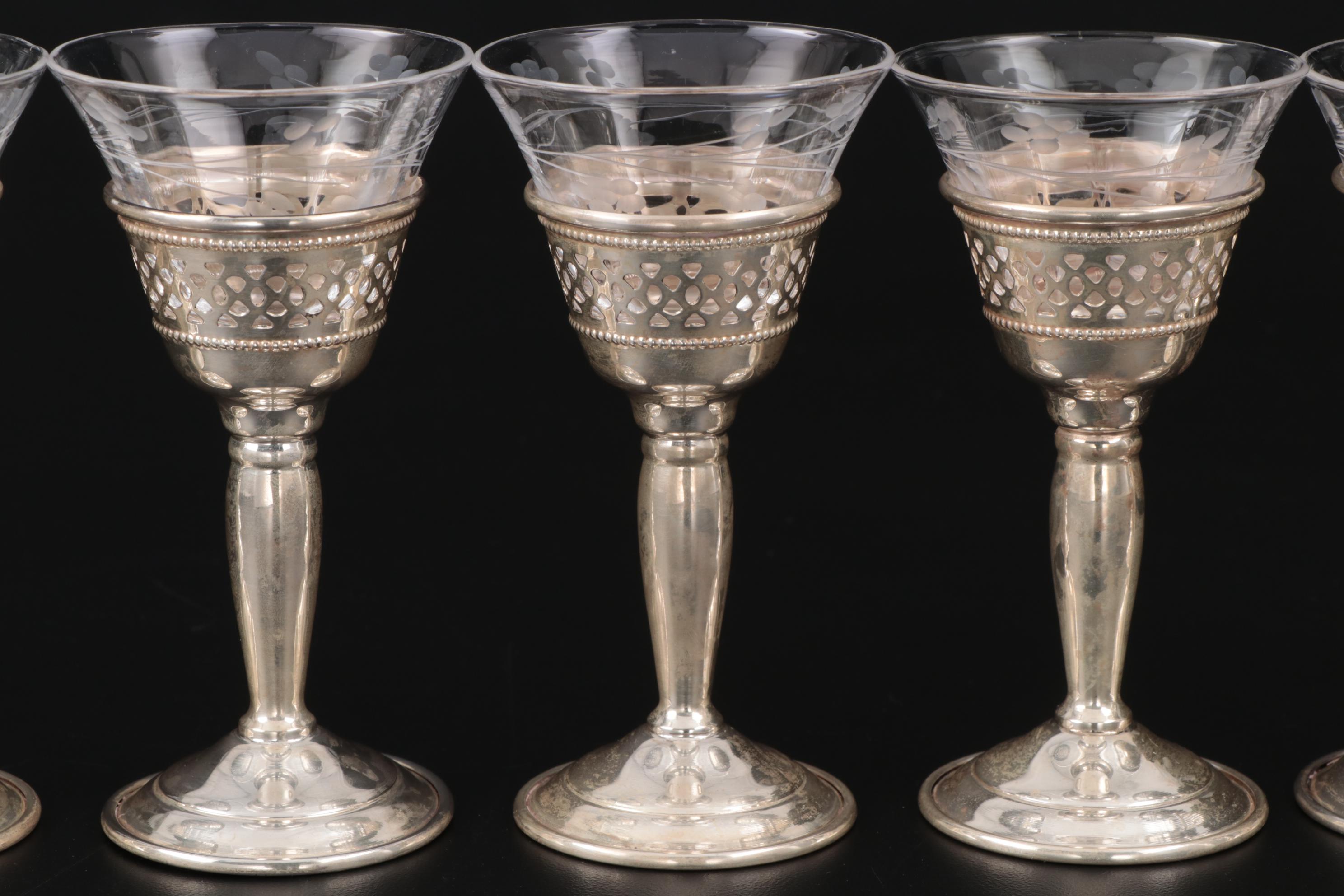 Redlich & Company Sterling Silver Zarf Cordial Cups with Etched Glass ...