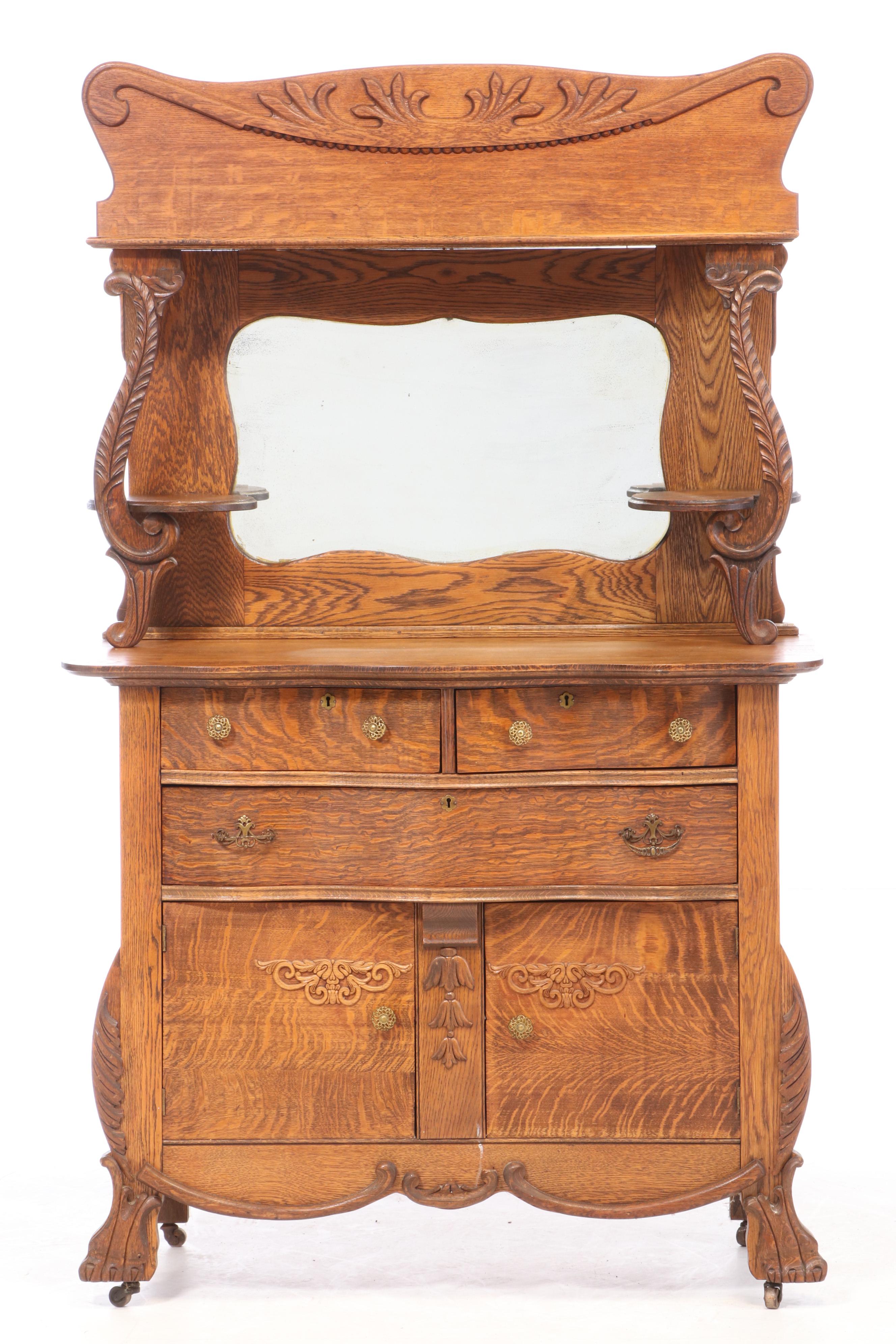 Late Victorian Oak MirrorBack Serpentine Sideboard, circa 1900 EBTH