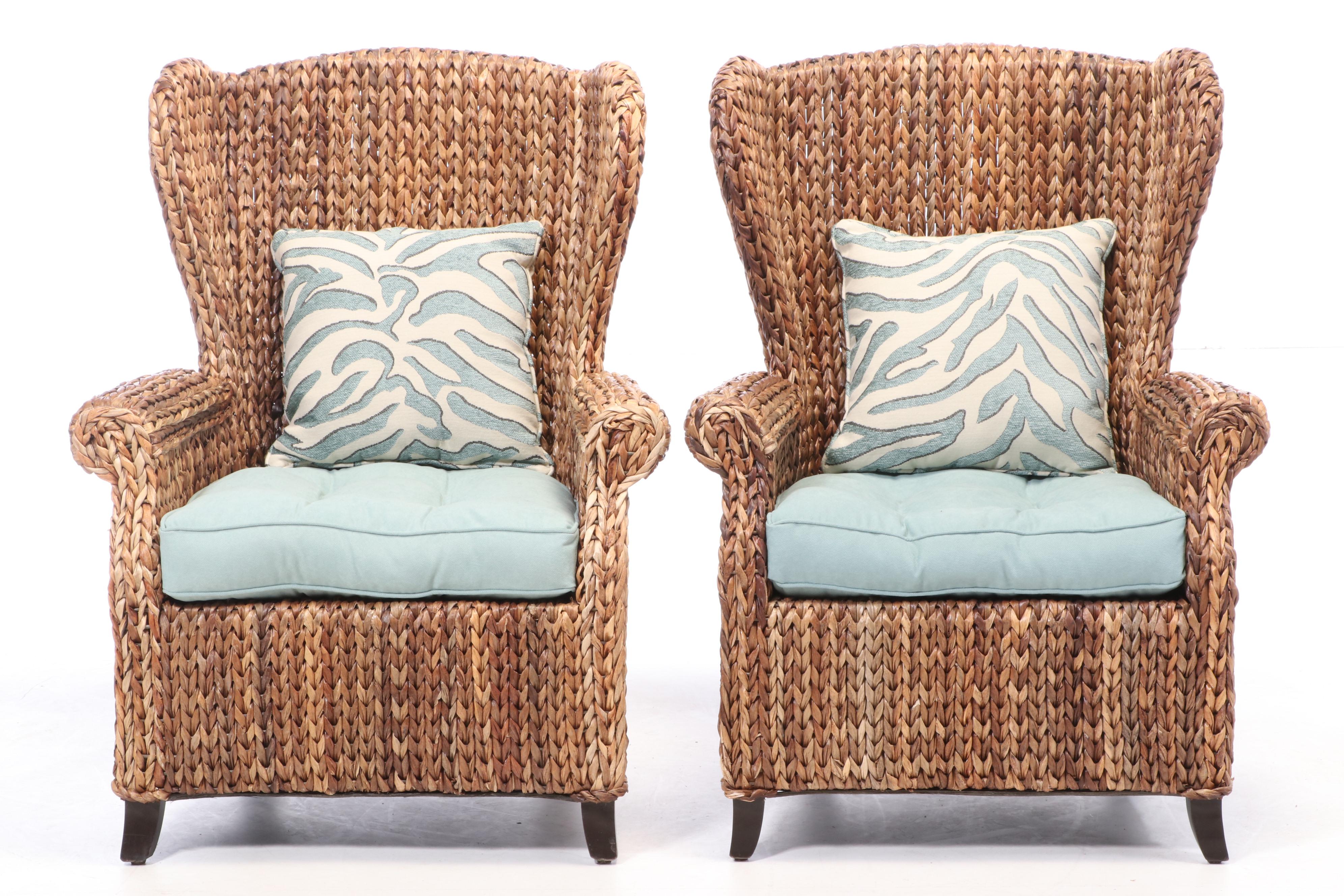 Pair of Pier 1 Imports Wicker Wingback Patio Armchairs EBTH