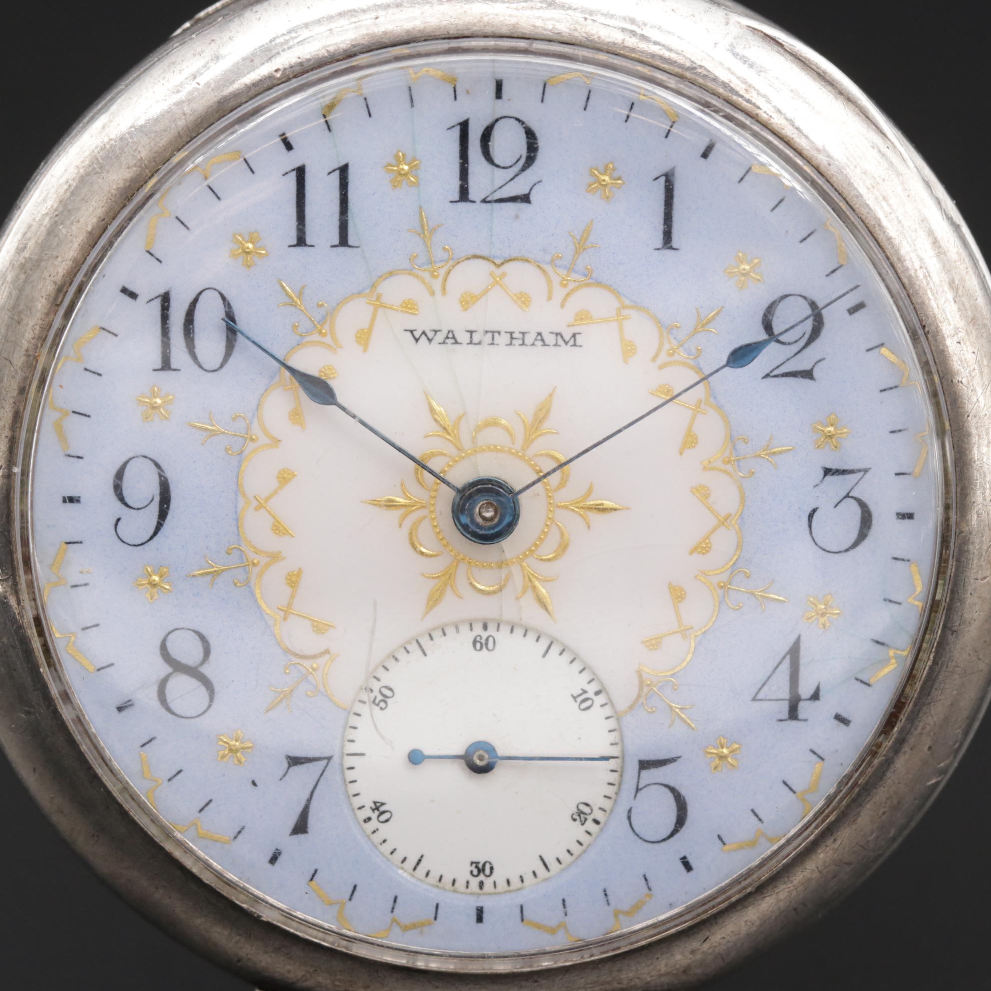 Waltham Enamel Dial Sterling Silver Open Face Pocket Watch, Antique EBTH