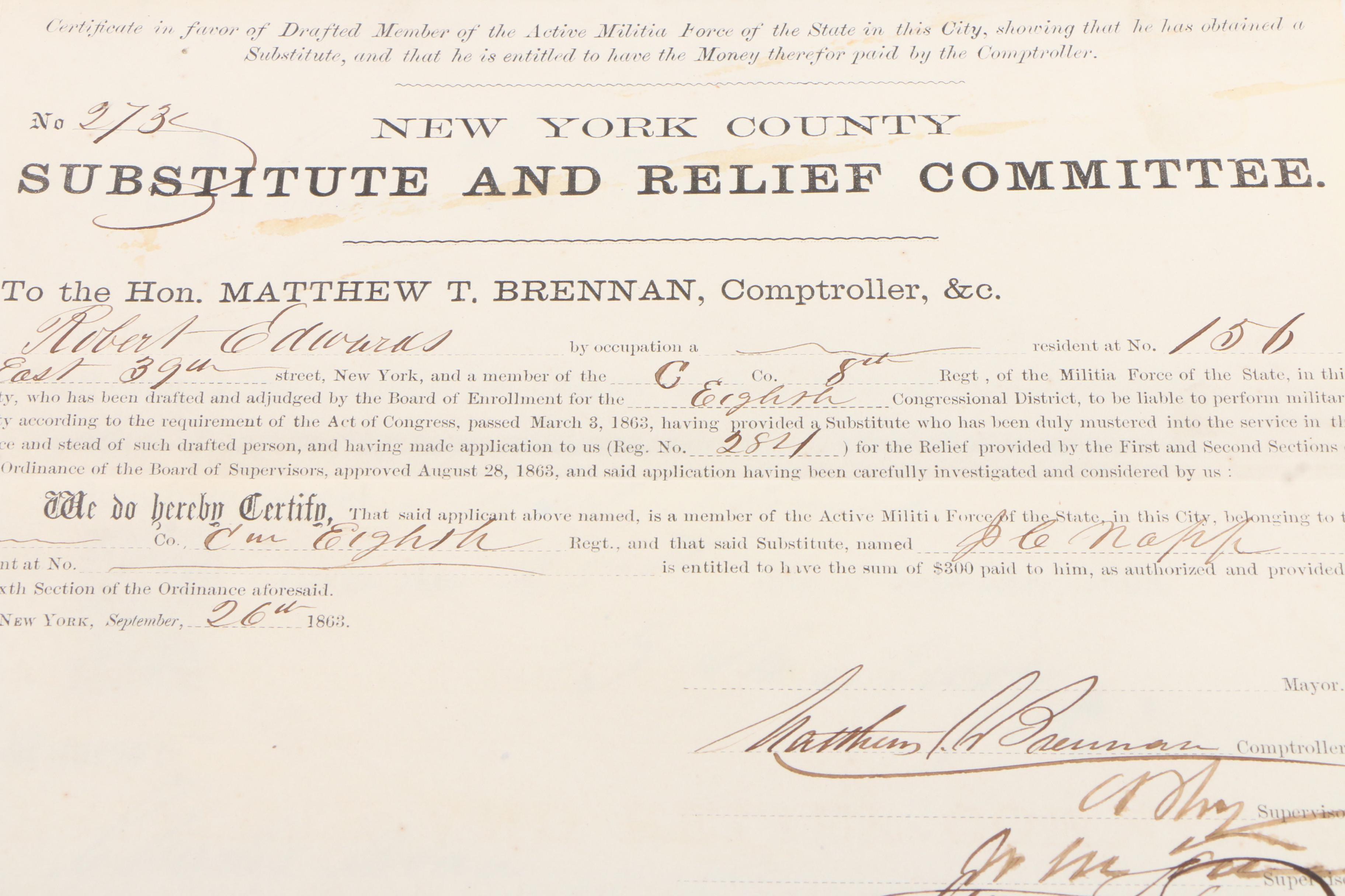 1863 Civil War Draft Substitute Paperwork via "Enrollment Act", New ...