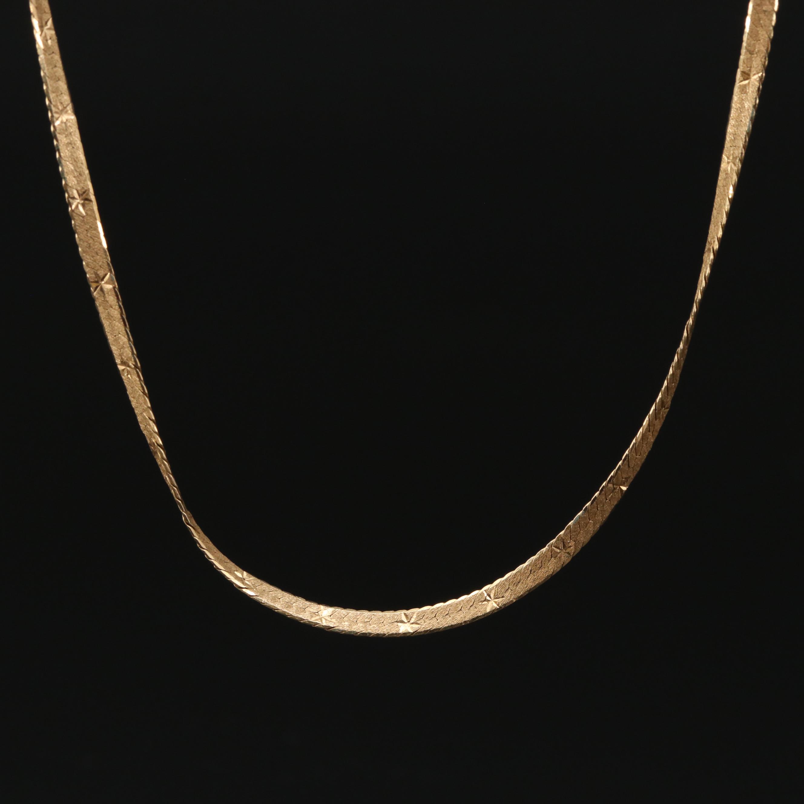 18K Gold Herringbone Chain Necklace with Diamond Cut Accents EBTH