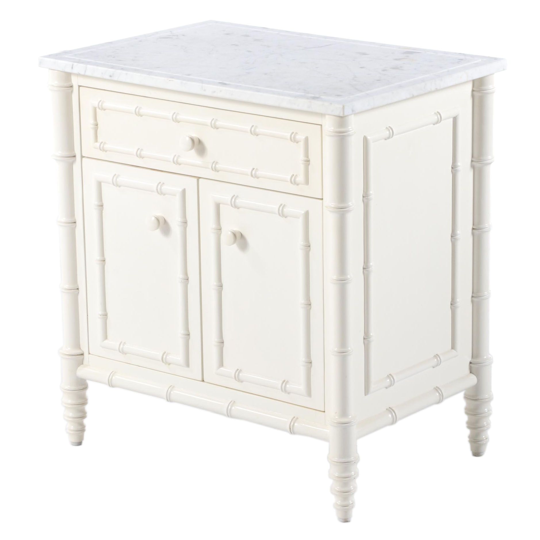 Williams Sonoma Hampstead White Lacquer Marble Top Nightstand Ebth