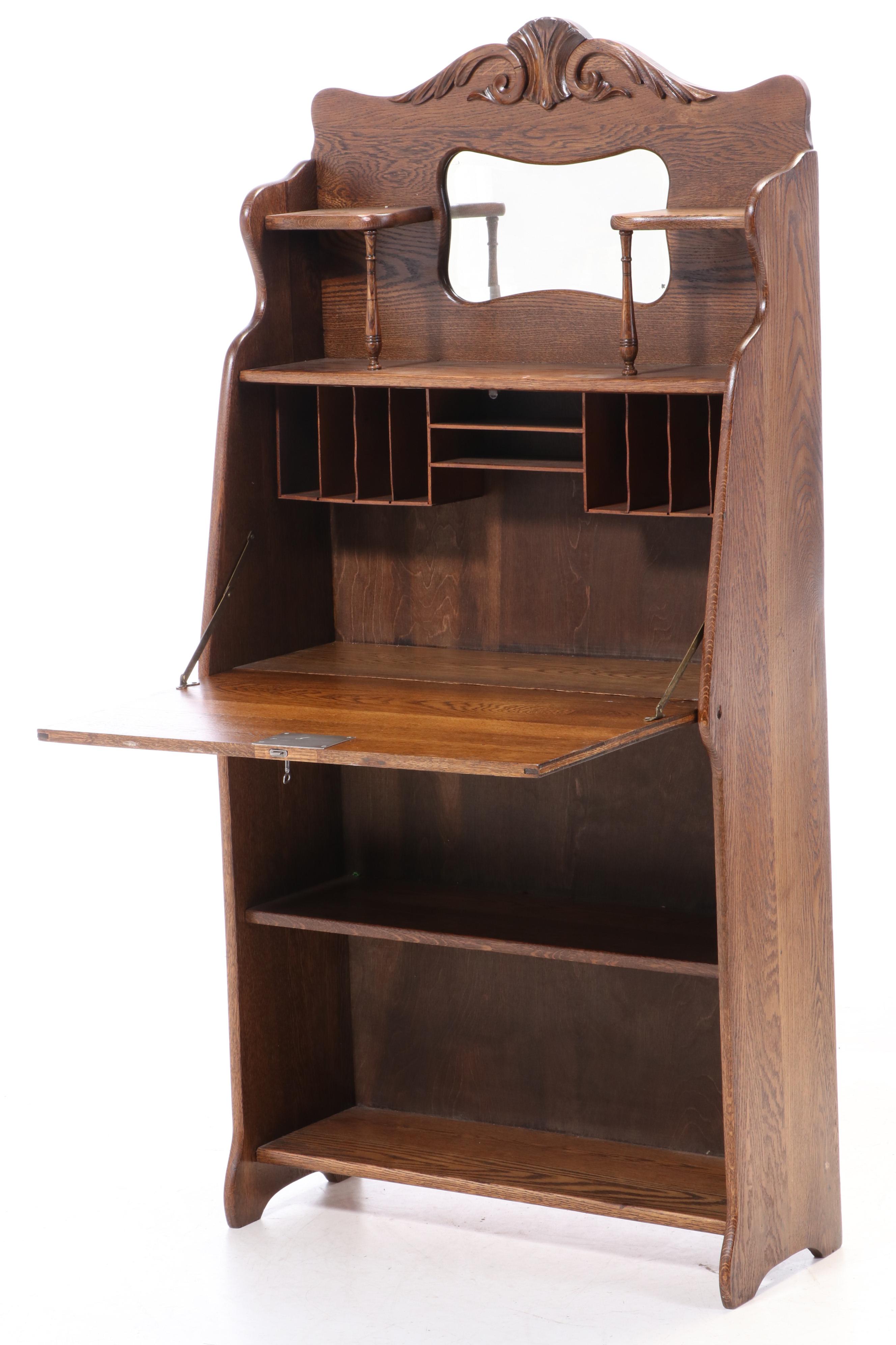 Larkin Drop Front Oak Secretary Desk with Mirror EBTH