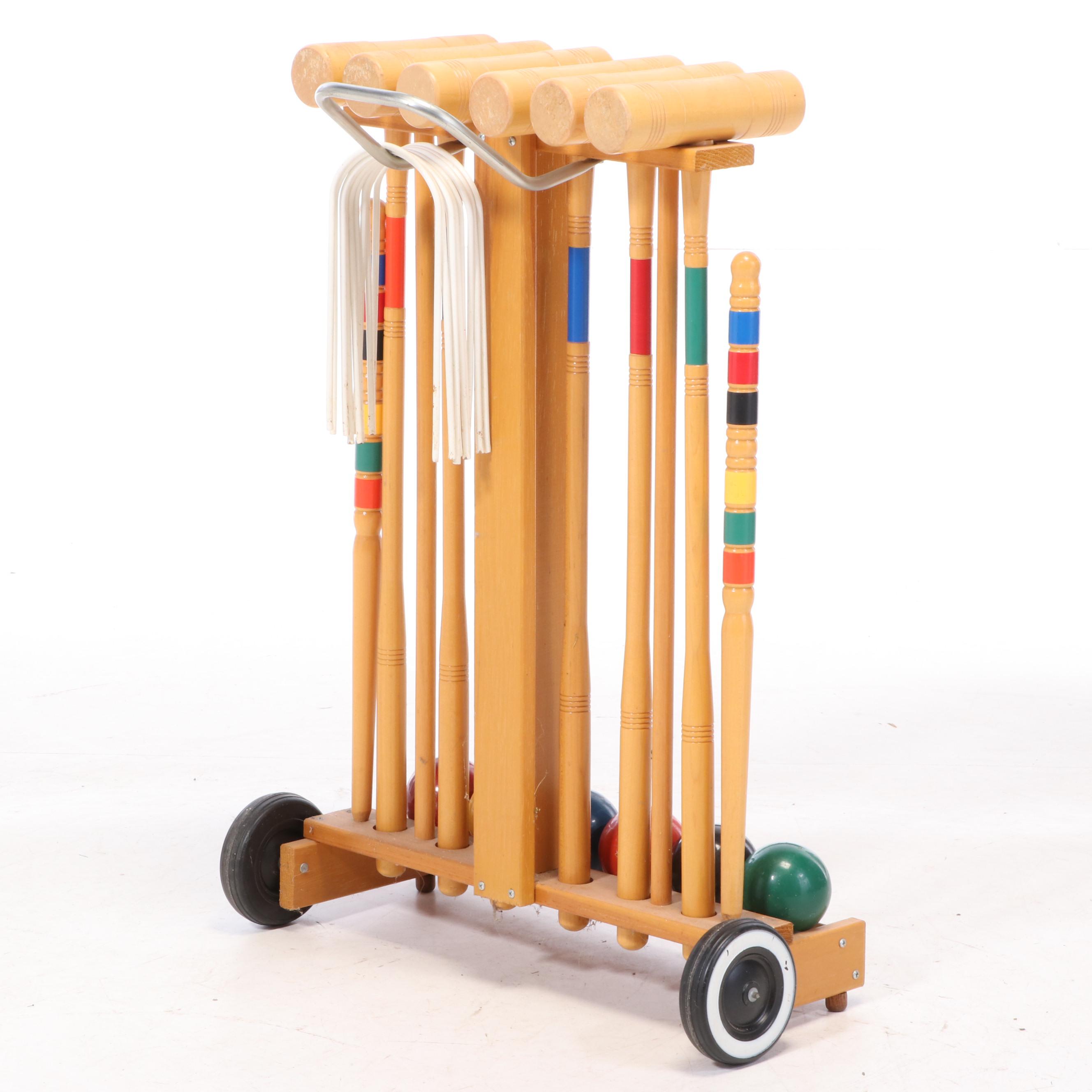 Brookstone Croquet Set with Mallets, Balls and Wheeled Stand EBTH