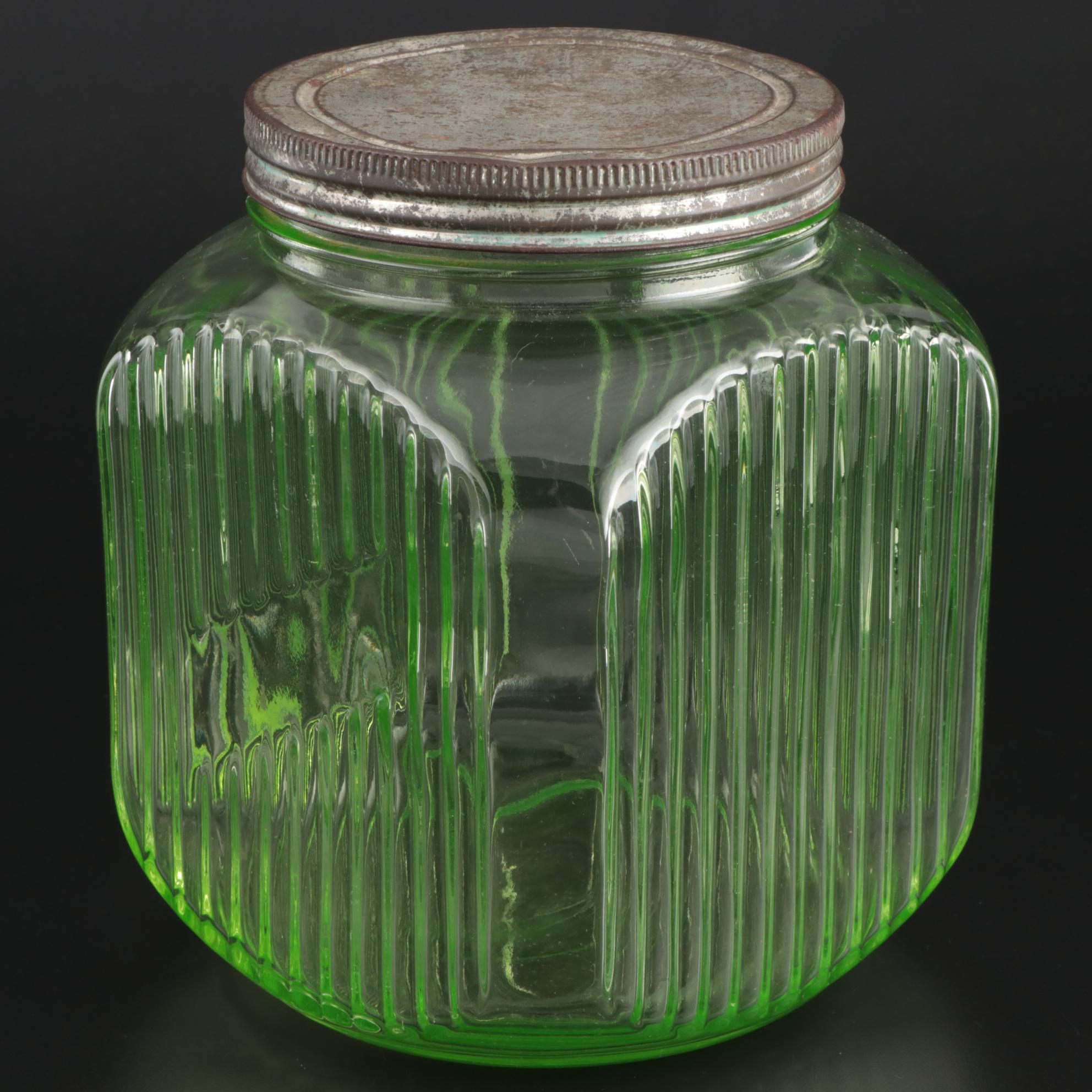 Green Ribbed Depression Glass Food Storage Jar, Early to Mid 20th