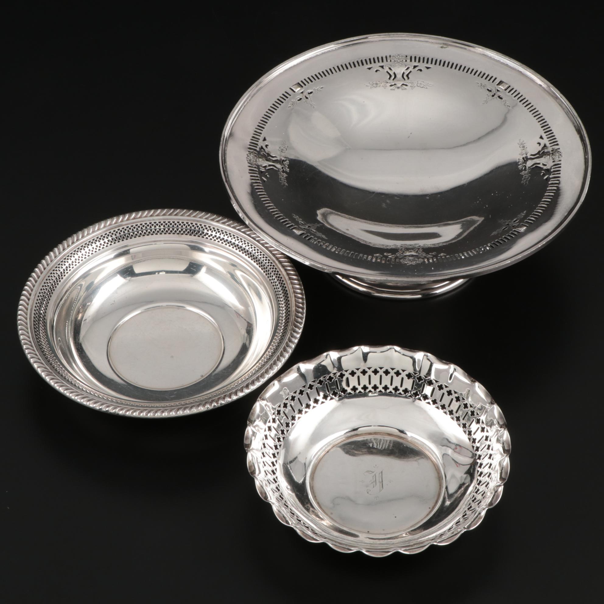 Gorham Sterling Silver Pierced Nut Dishes with Silver Plate Bonbon Bowl