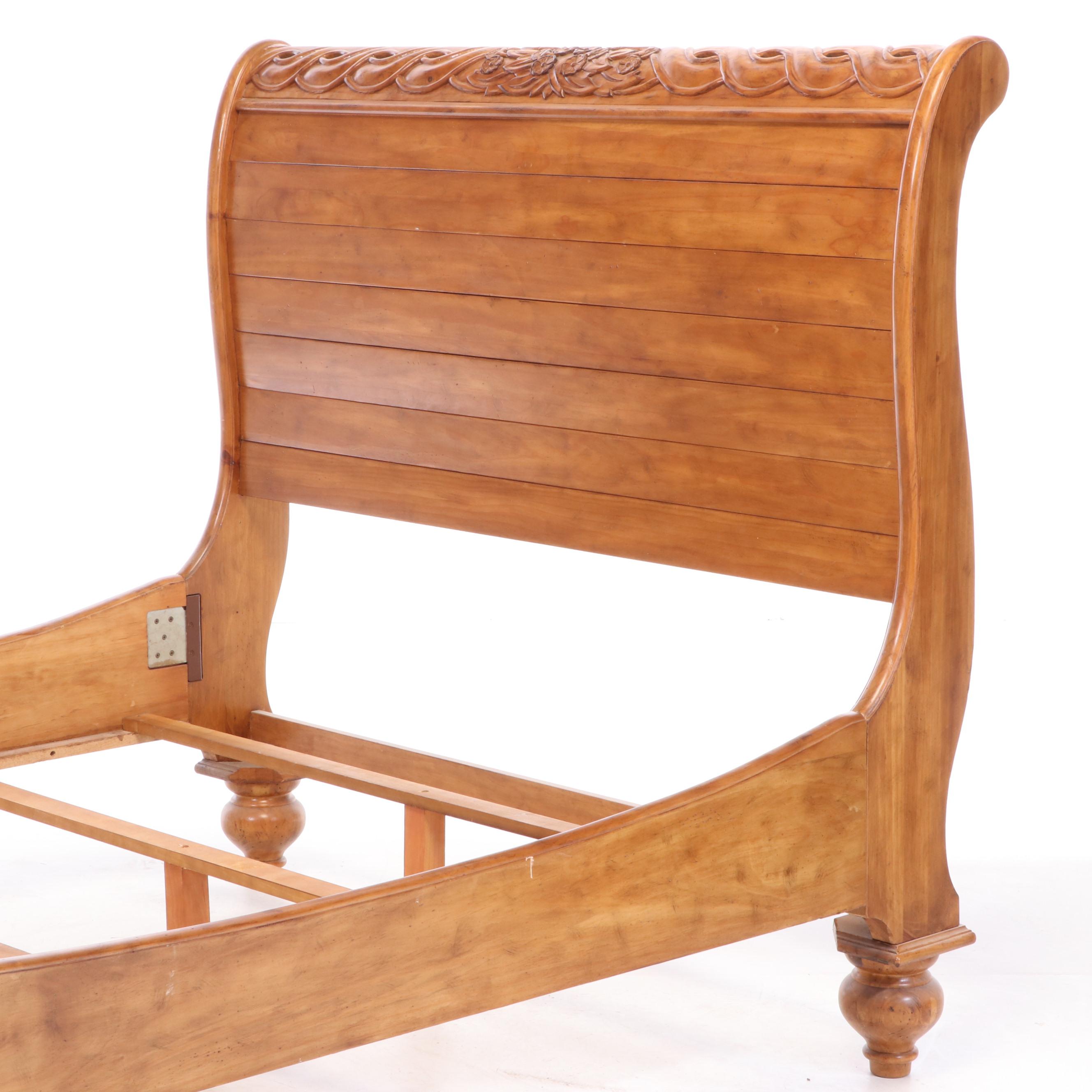 Contemporary Carved Wood Queen Size Sleigh Bed in Natural Finish EBTH