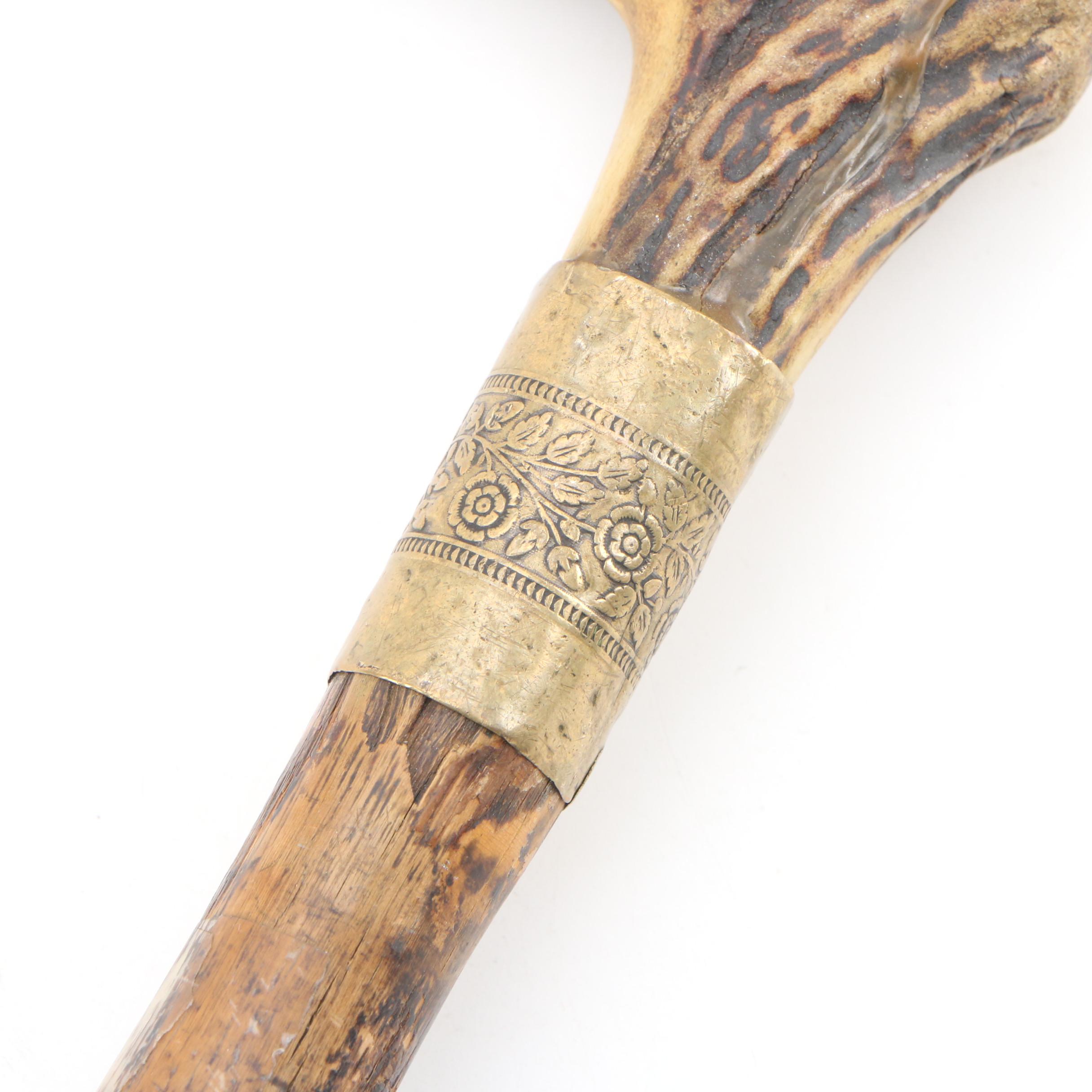 Irish Shillelagh with Deer Antler Walking Stick, Early to Mid 20th