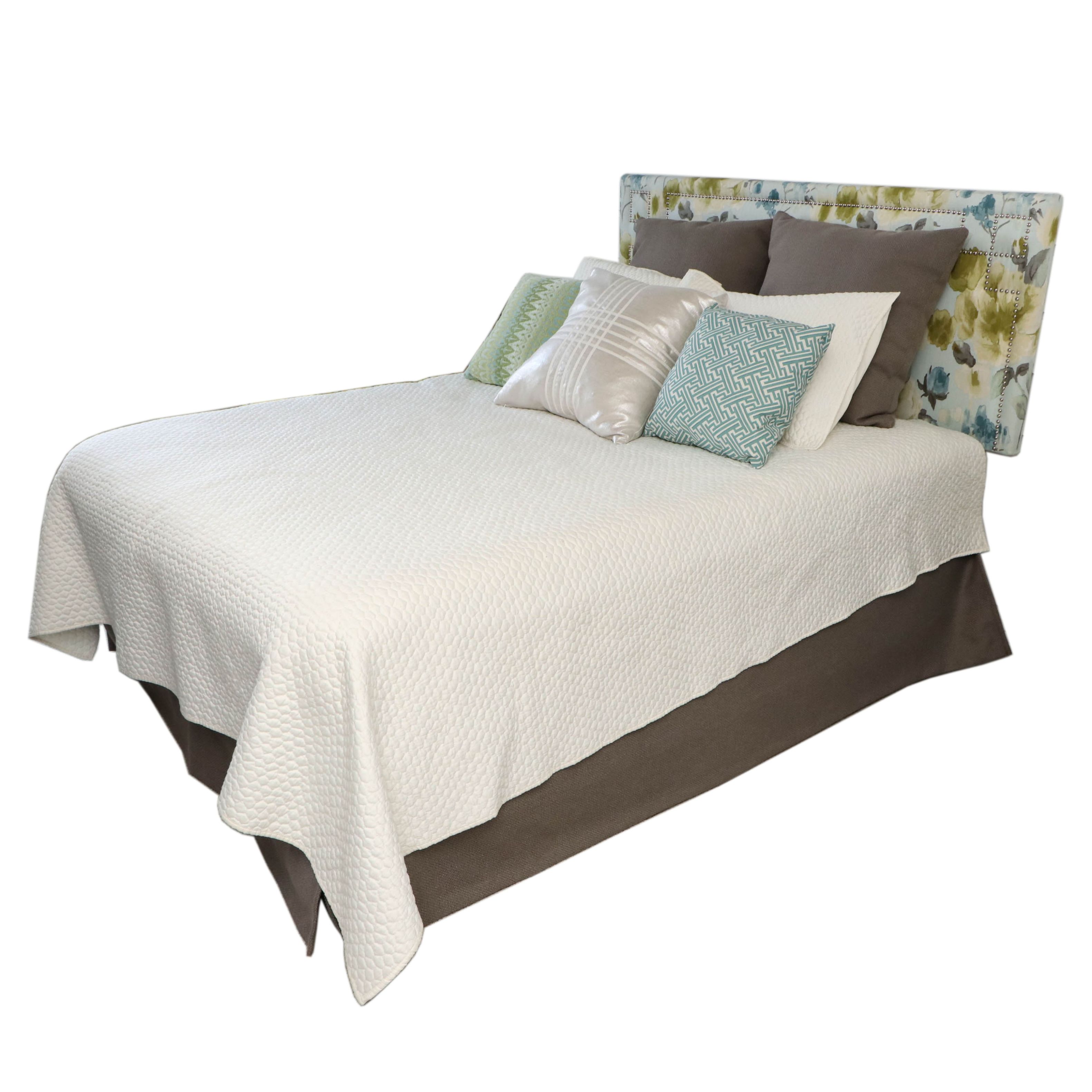 Floral Upholstered Tufted Headboard and Queen Size Marquis Pillow Top