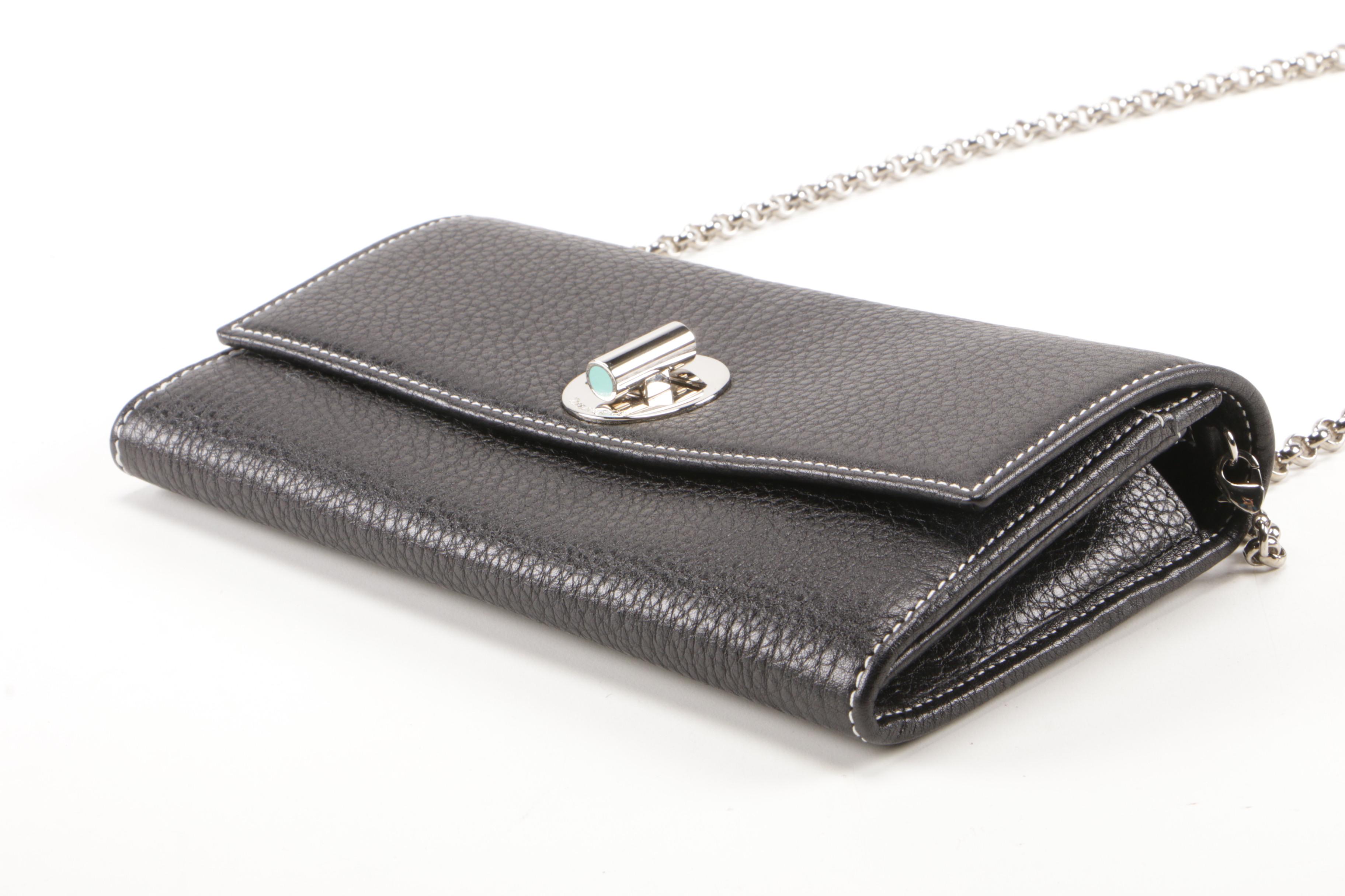 Tiffany & Co. Black Pebbled Leather City Wallet on Chain Clutch with Rolo Chain EBTH