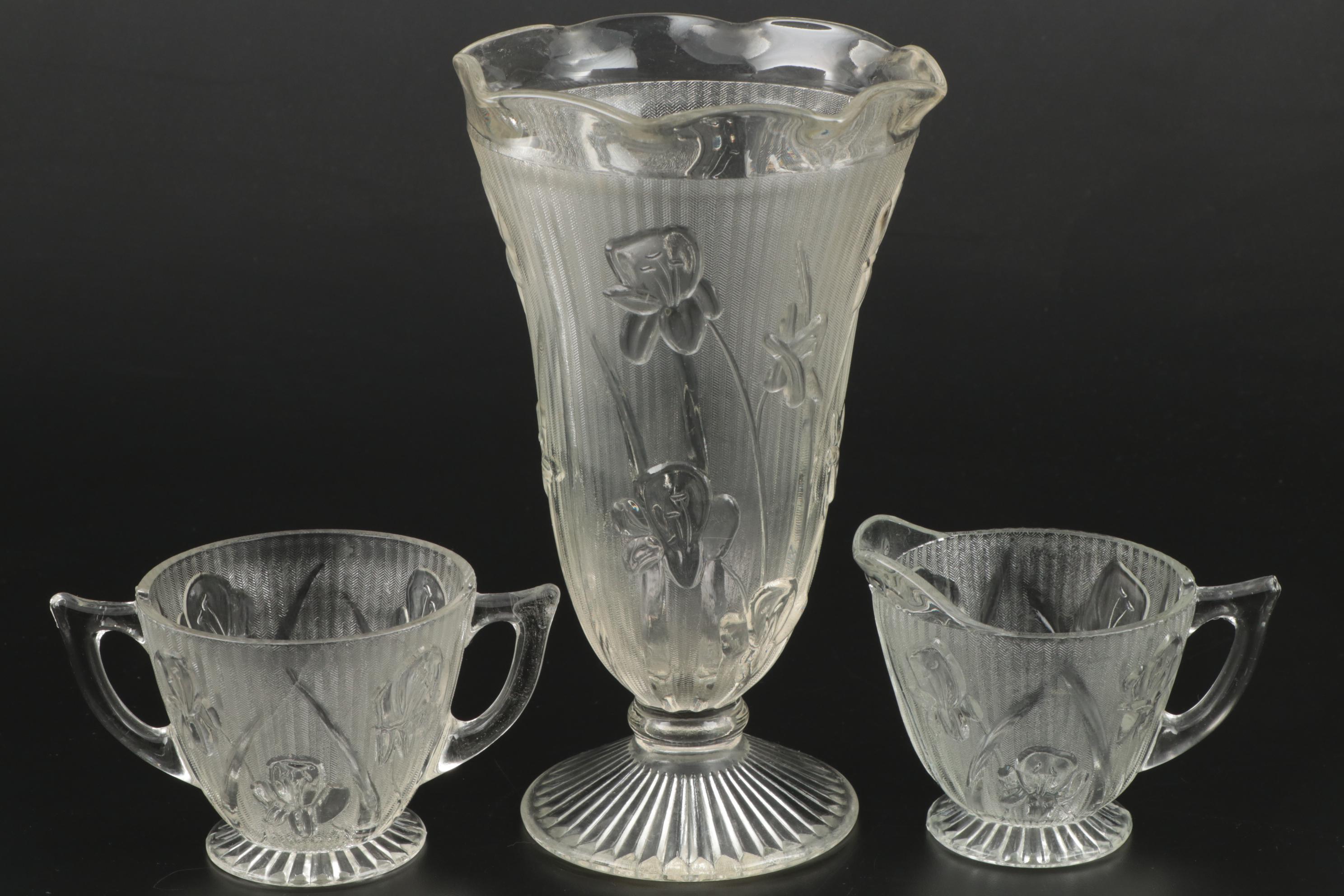 "Iris Clear" Depression Glass Vase and Other Table