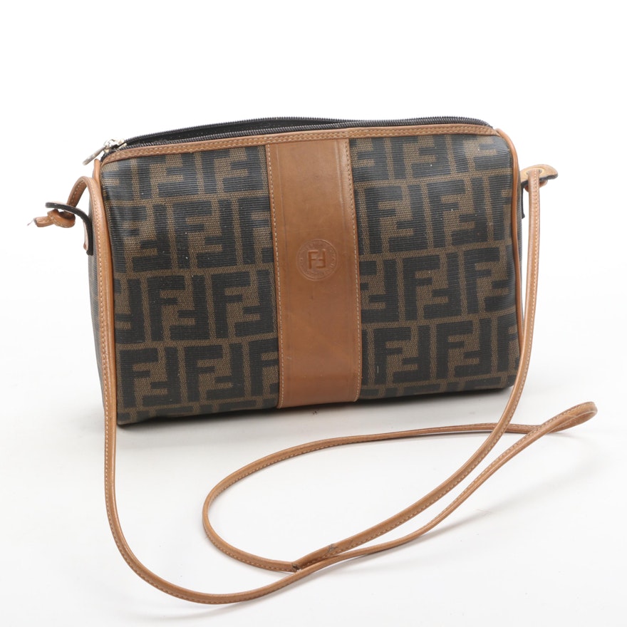 Fendi Zucca Coated Canvas and Light Brown Leather Crossbody Bag, Vintage