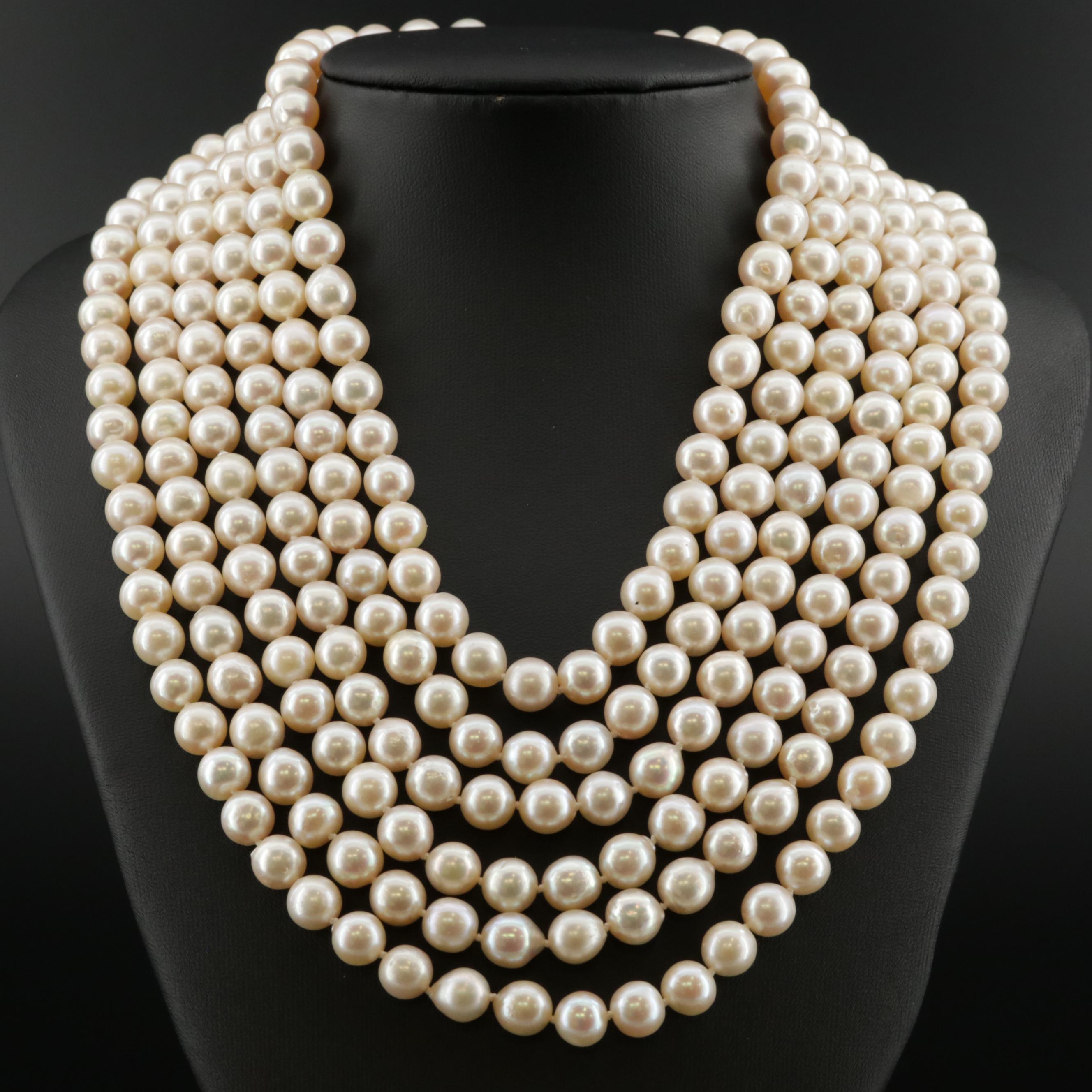 6 Strand Pearl Necklace with 14K Clasp 