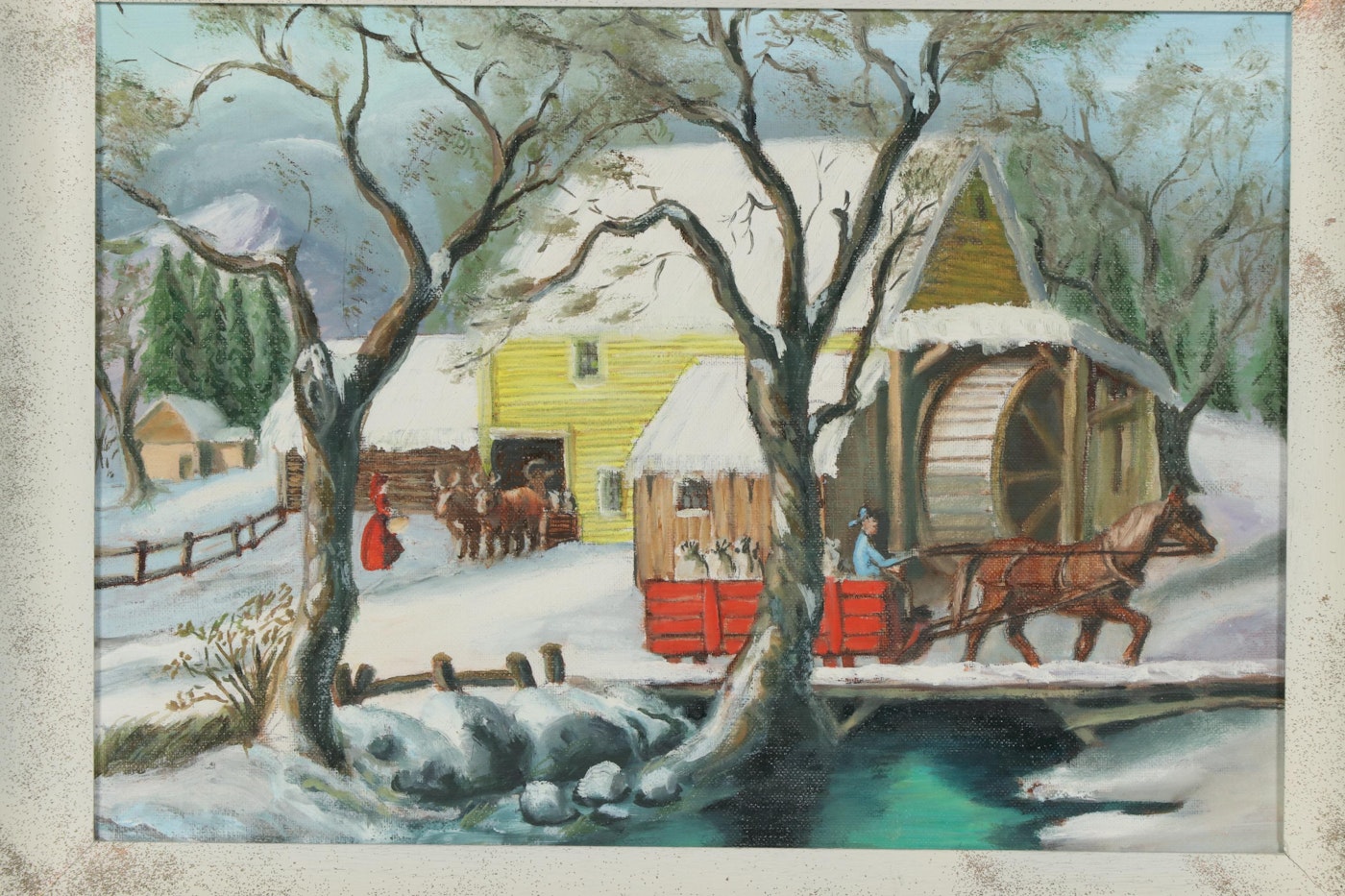 Folk Art Oil Paintings of Winter Farm Scenes, Mid-20th Century | EBTH