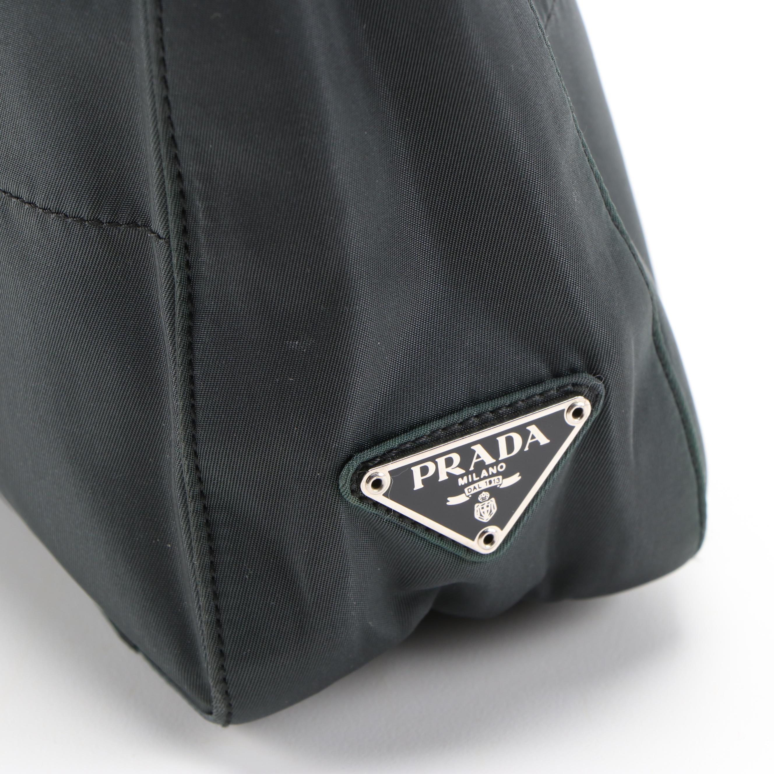 Prada Dark Green Topstitched Nylon Shoulder Bag with Panel Link Strap