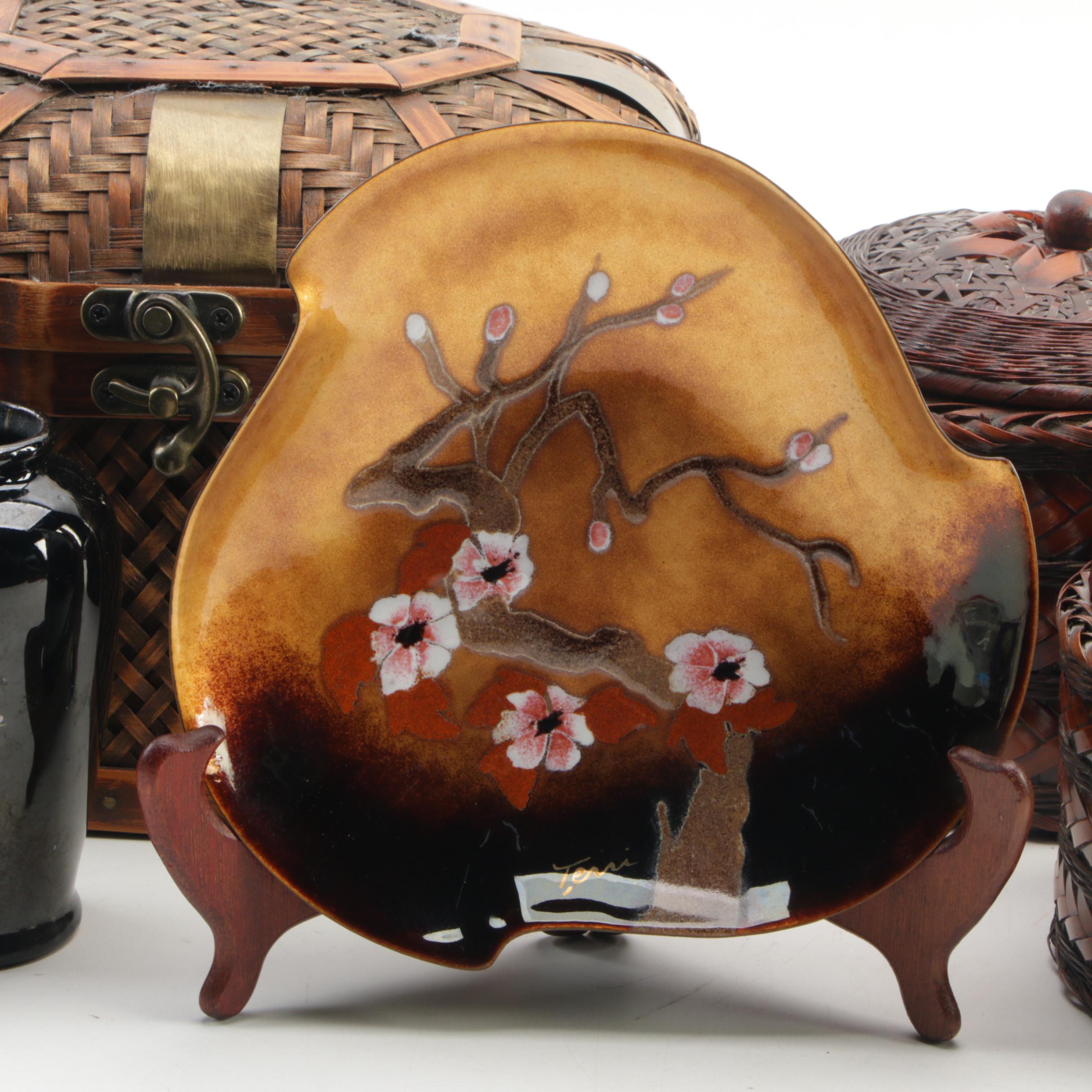 Manuni Japanese Lacquerware and Ceramic Vases, Baskets and Flower