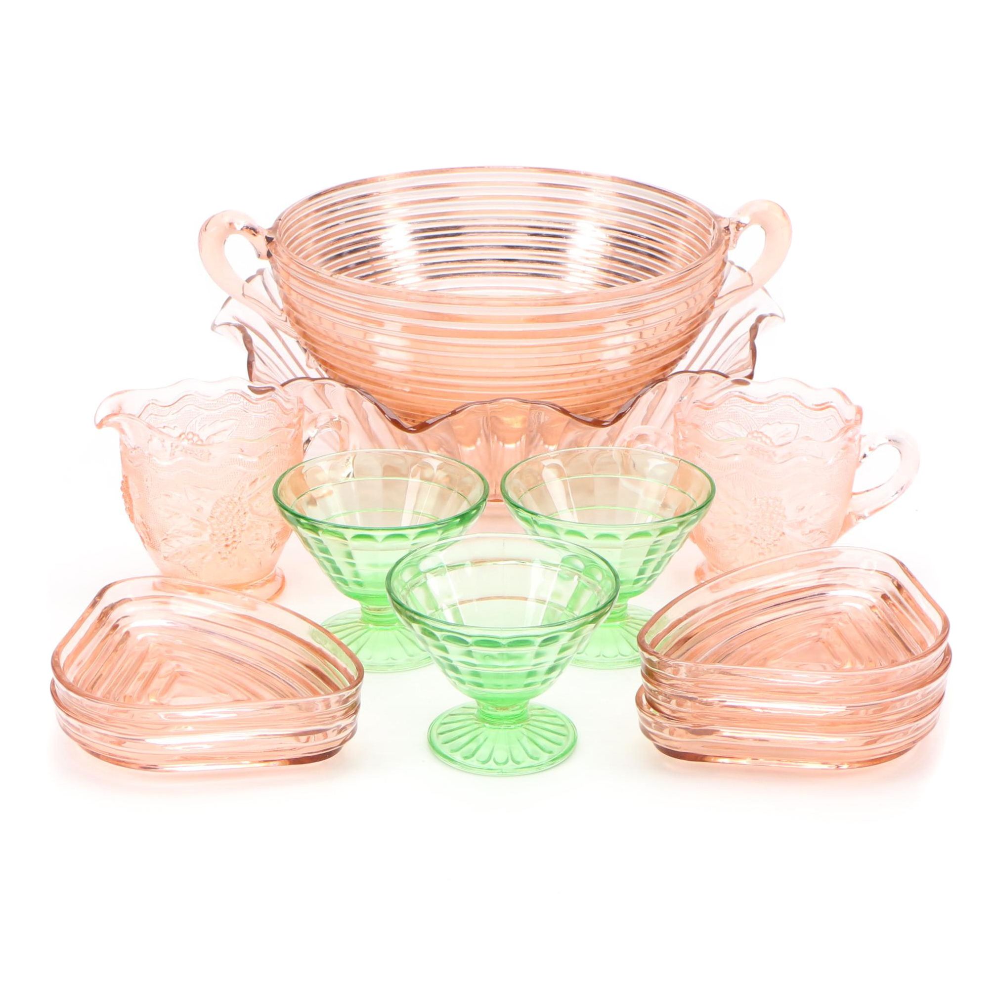 Pink and Green Depression Glass Serveware and Table Accessories, Mid
