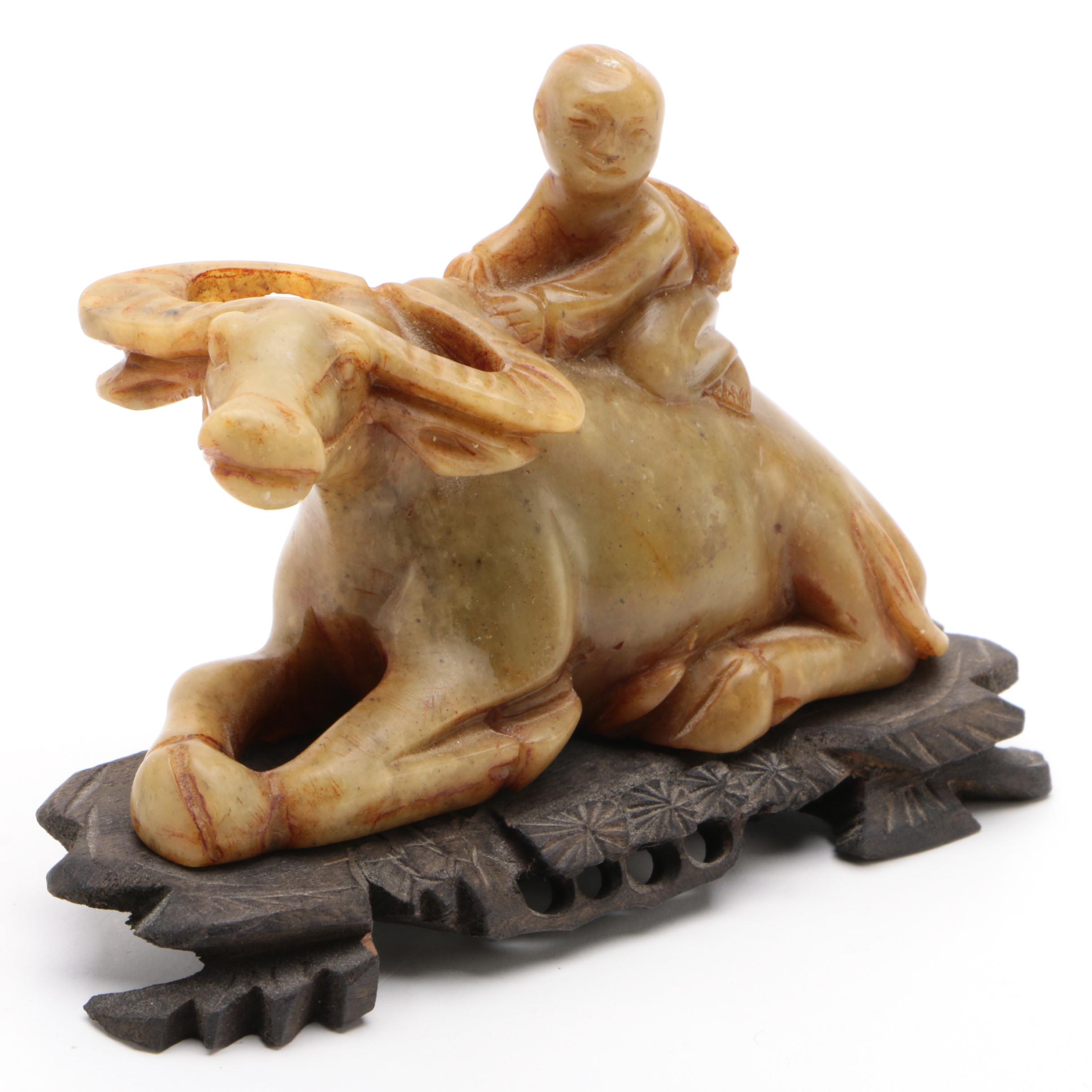 Chinese Carved Soapstone Figurine of a Child and Water Buffalo EBTH