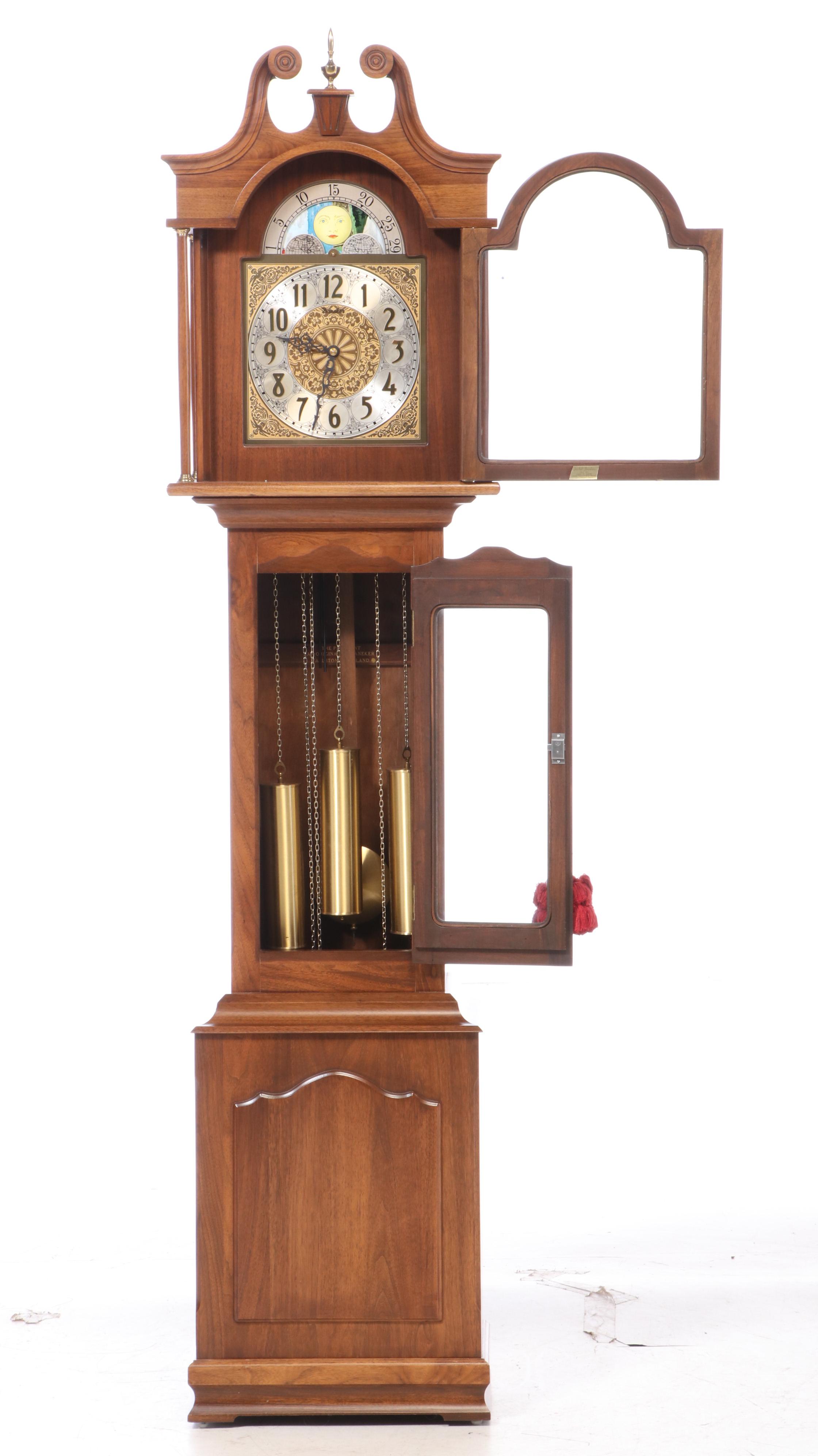 Daneker "The President" Walnut MoonPhase Grandfather Clock, Mid20th Century EBTH