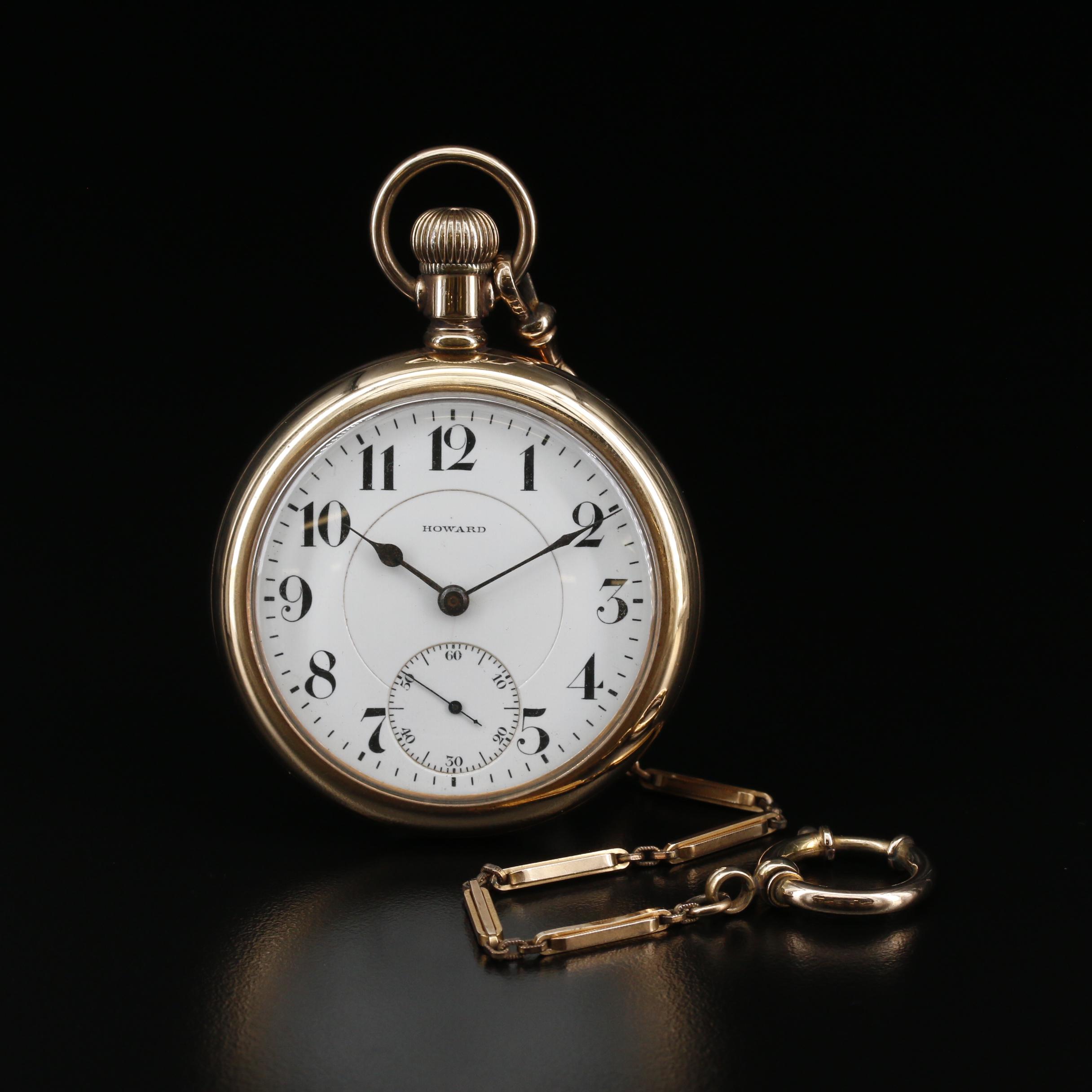1908 E. Howard 14K Gold Filled Open Face Pocket Watch With Fob EBTH