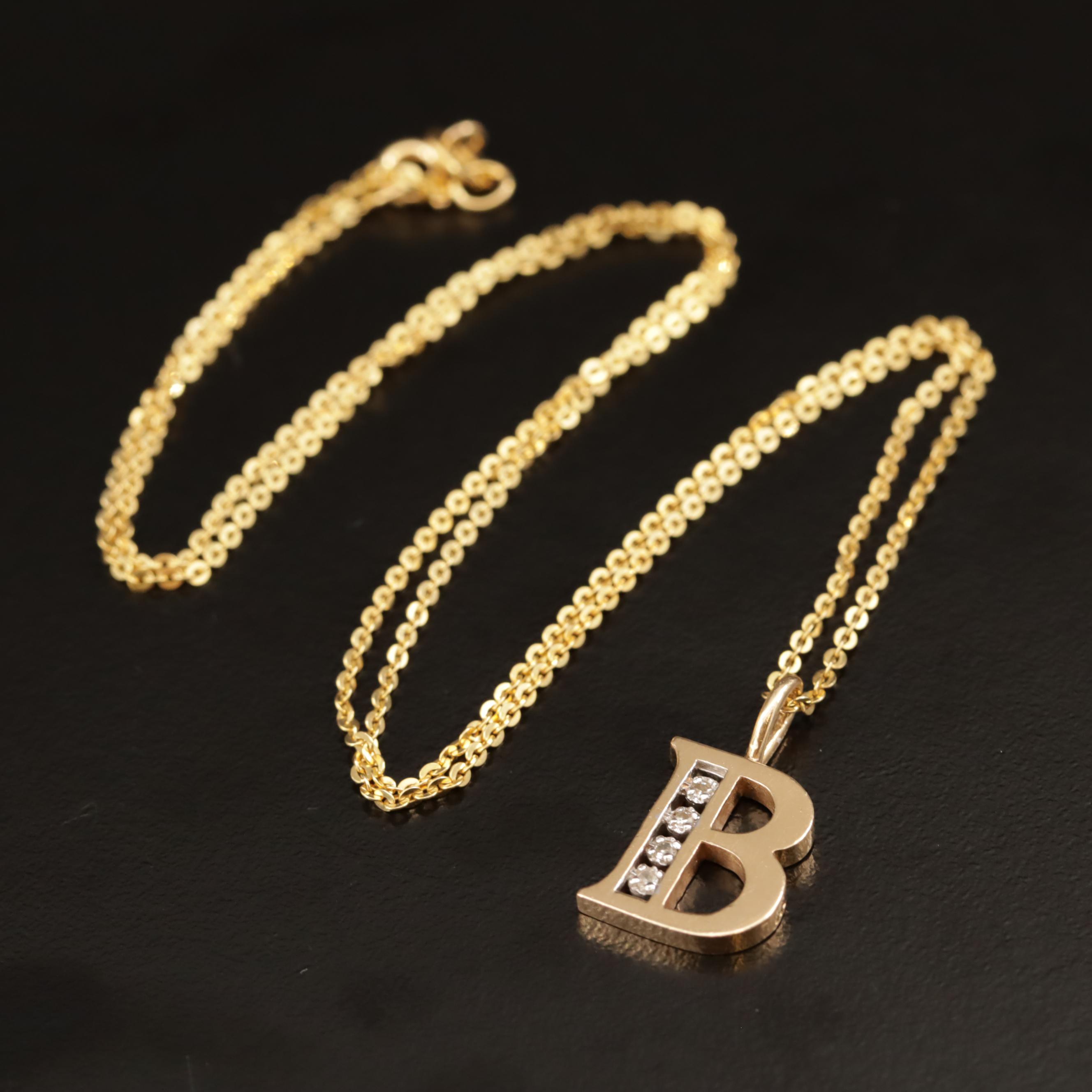 14K Diamond "B" Pendant Necklace | EBTH