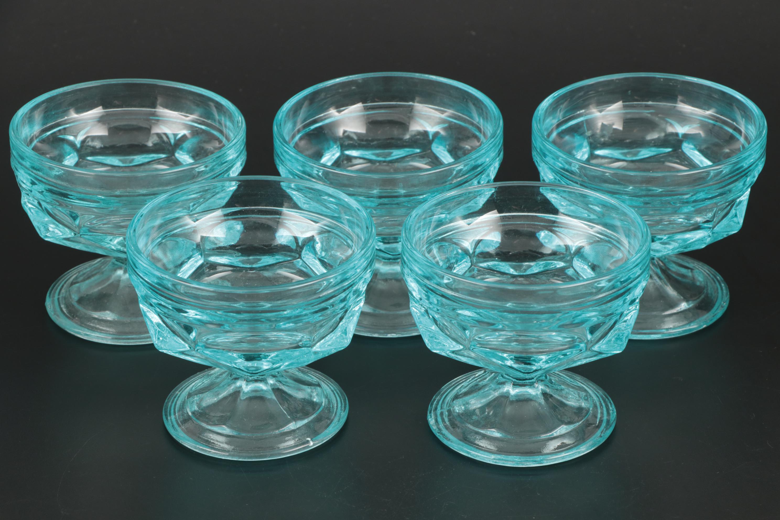 Fostoria "Virginia" Light Blue Pressed Glass Drinkware and Lidded Bowl