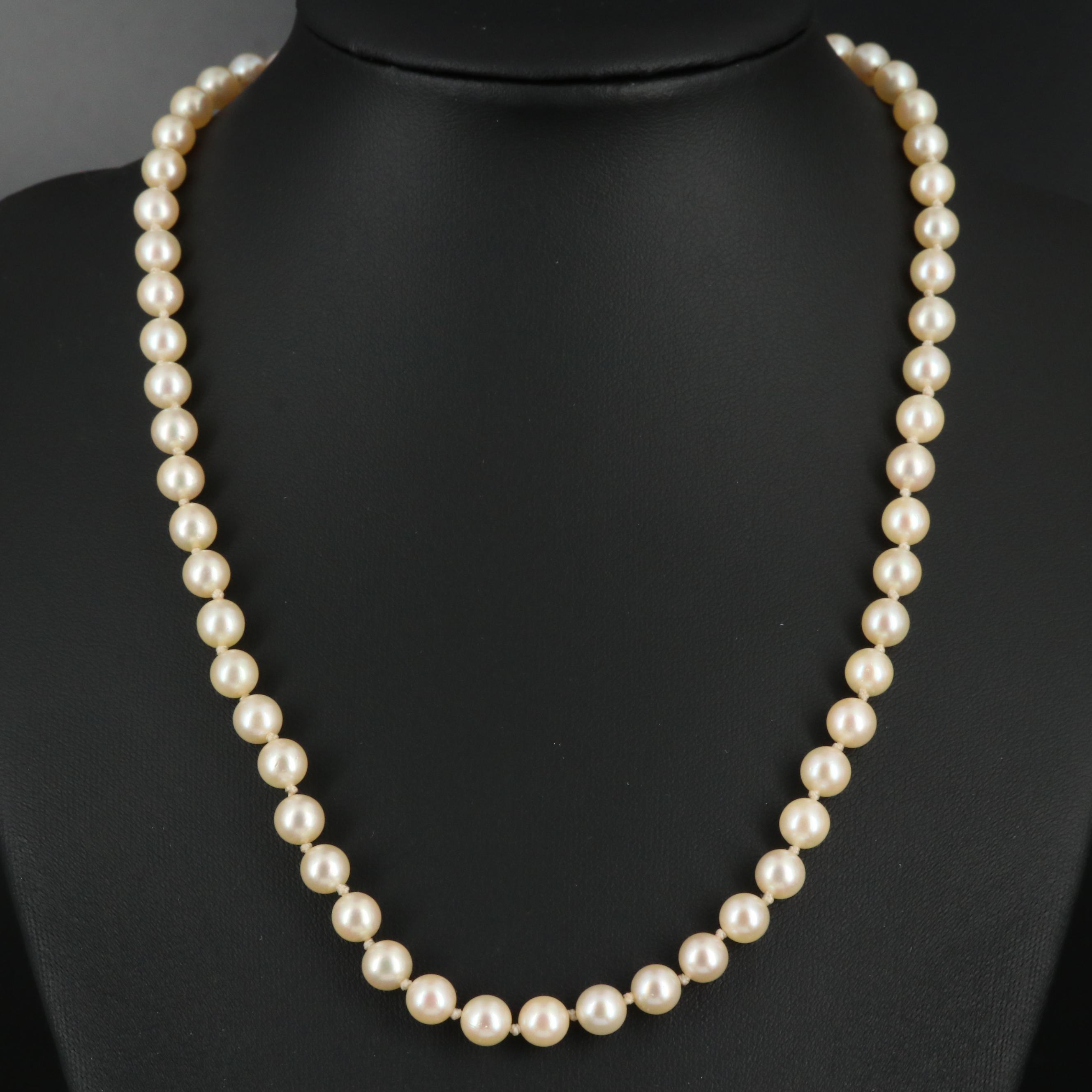 Vintage Hand Knotted Cultured Pearl Strand Necklace with Sterling Silver Clasp EBTH