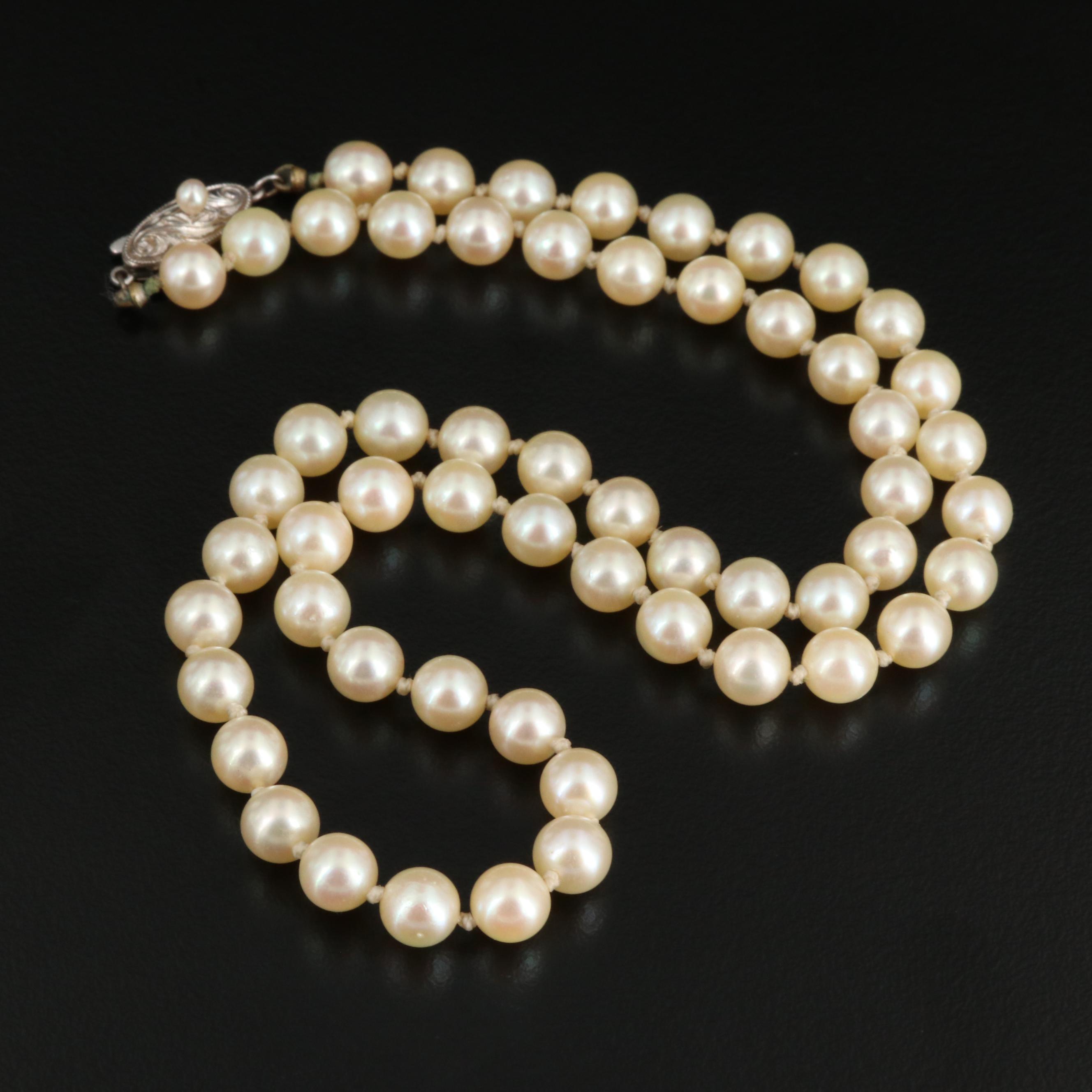 Vintage Hand Knotted Cultured Pearl Strand Necklace with Sterling Silver Clasp EBTH