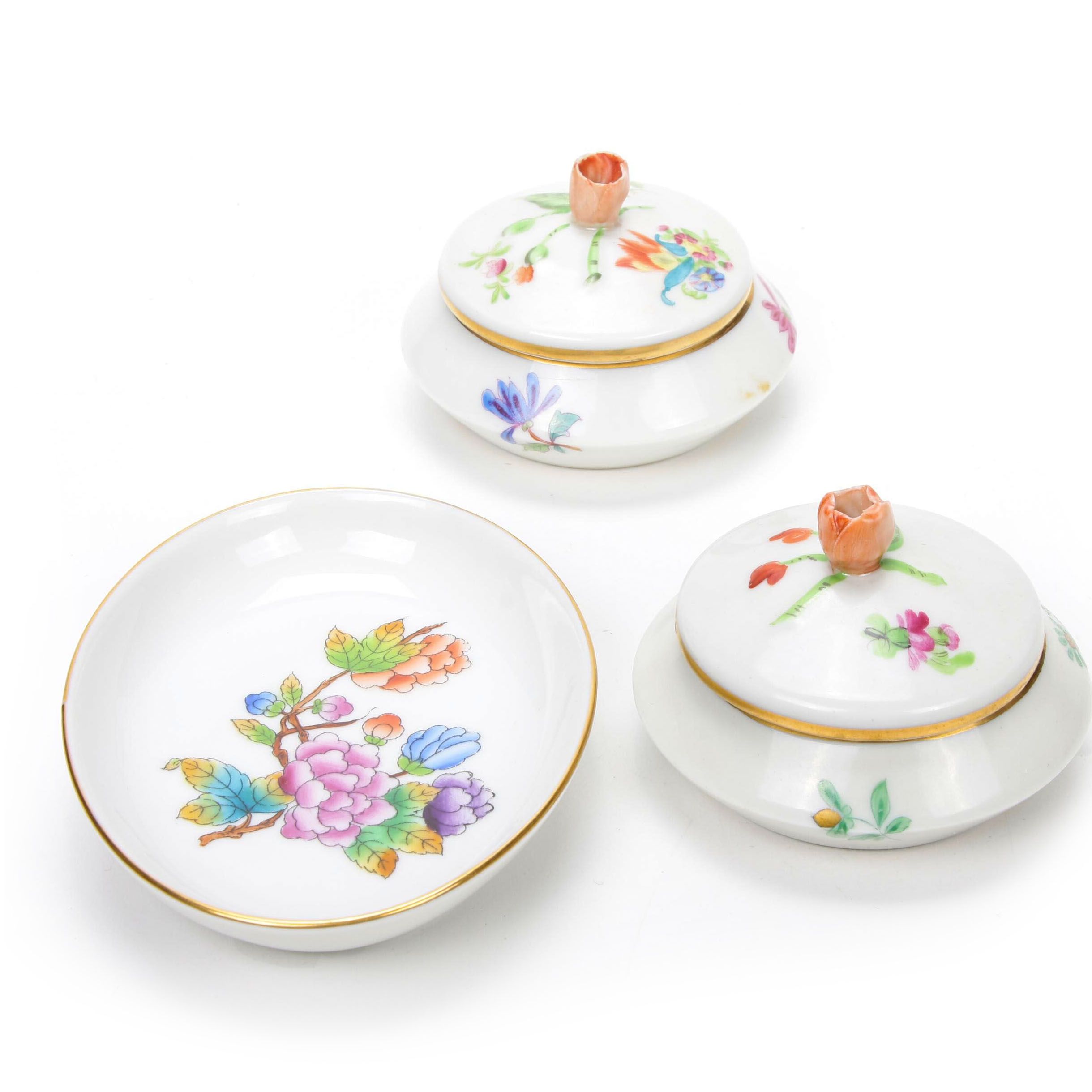 Herend Porcelain Trinket Boxes and Dish Including "Queen Victoria" EBTH