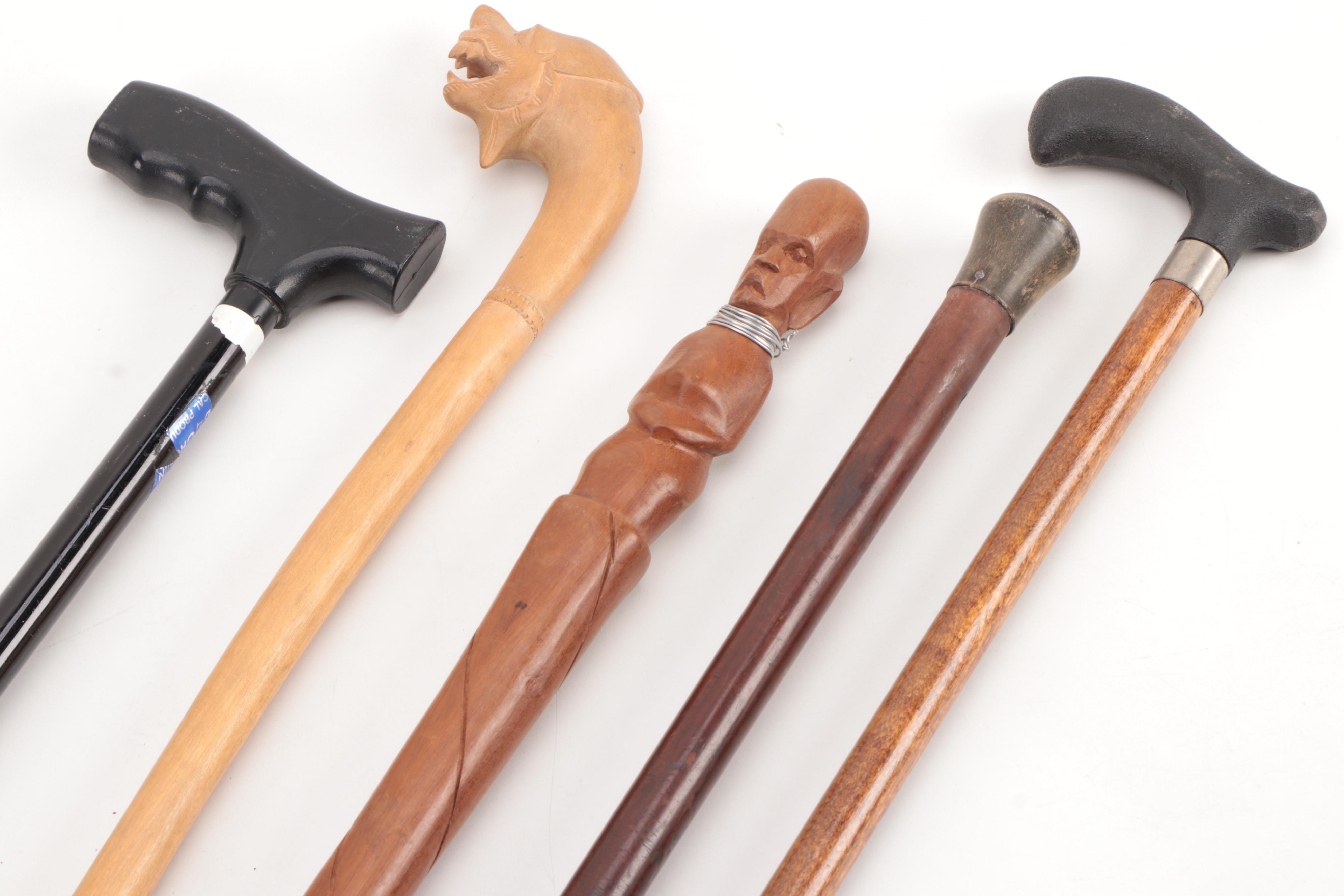 Kenyan Carved Hardwood Walking Stick with Other Canes EBTH