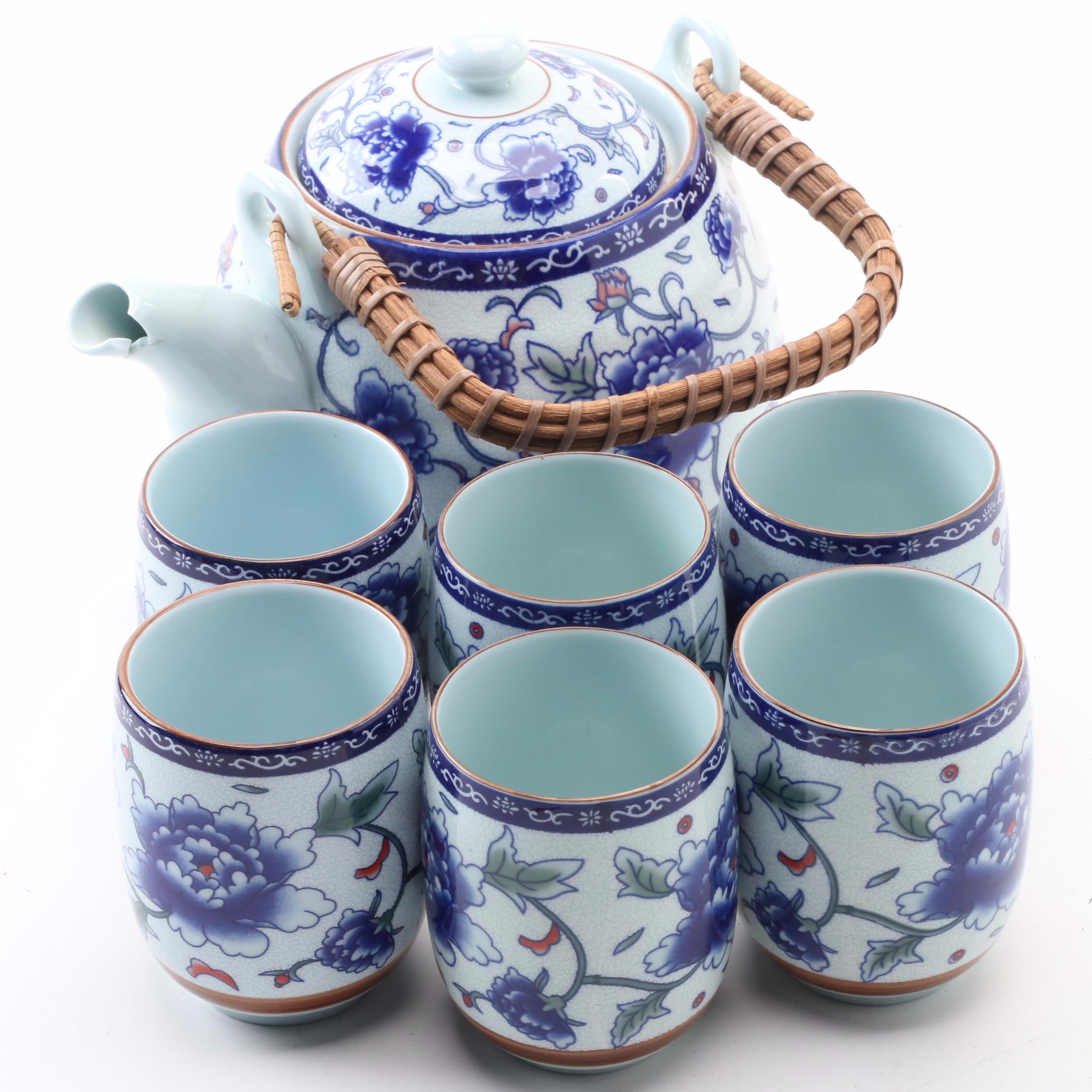 Chinese Embossed Floral Tea Set With Bamboo Handle Ebth
