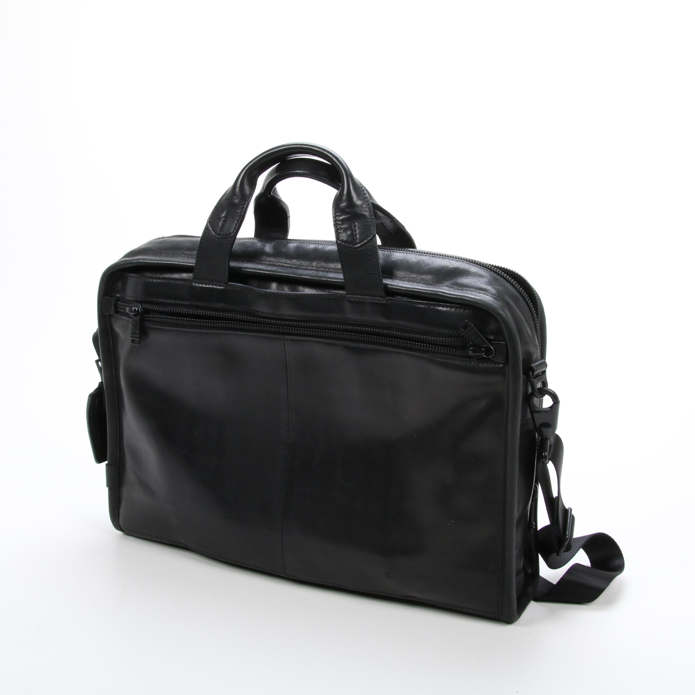 Tumi Alpha Black Leather Expandable Briefcase with Detachable Shoulder