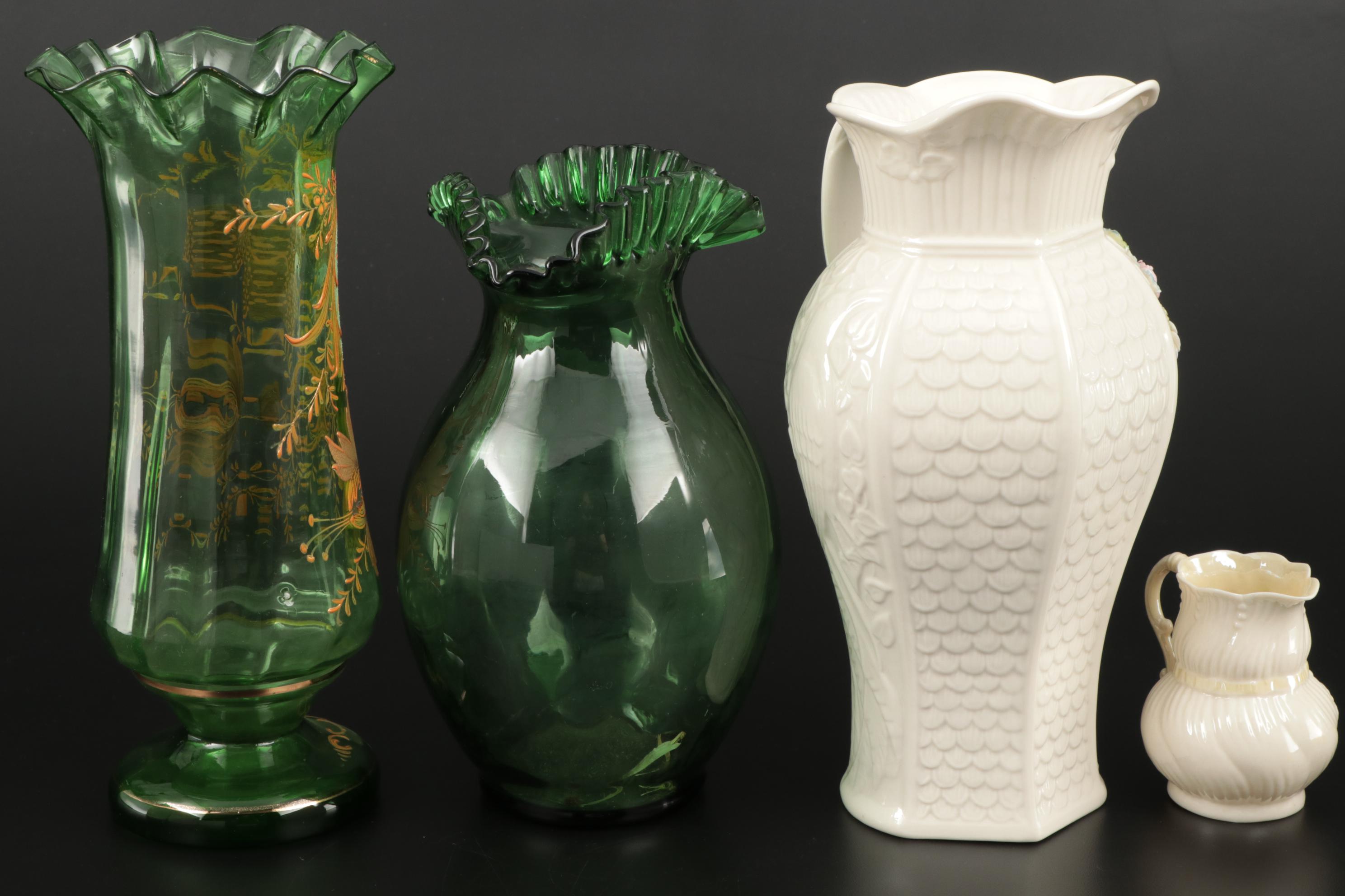 Belleek "Millennium" Porcelain Pitcher, Hand Enameled Blown Glass Vase