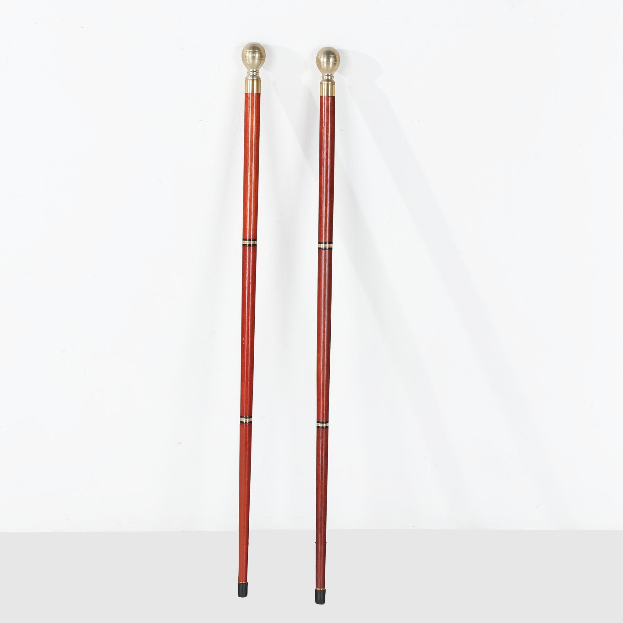 Brass Accented Wooden Walking Sticks with Knob Handles, Compass and
