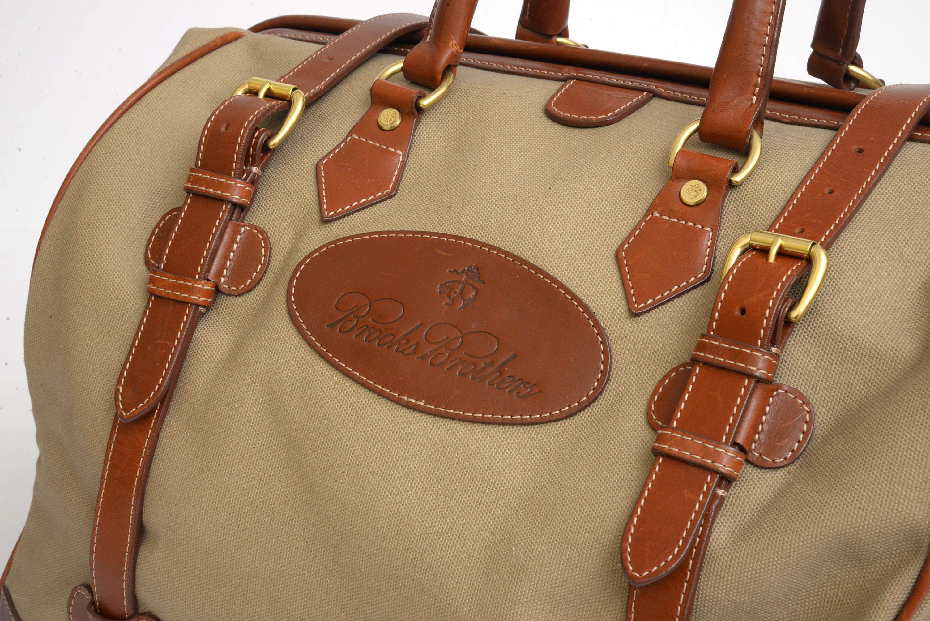 Brooks Brothers Khaki Canvas and Whiskey Brown Leather Duffle Bag EBTH