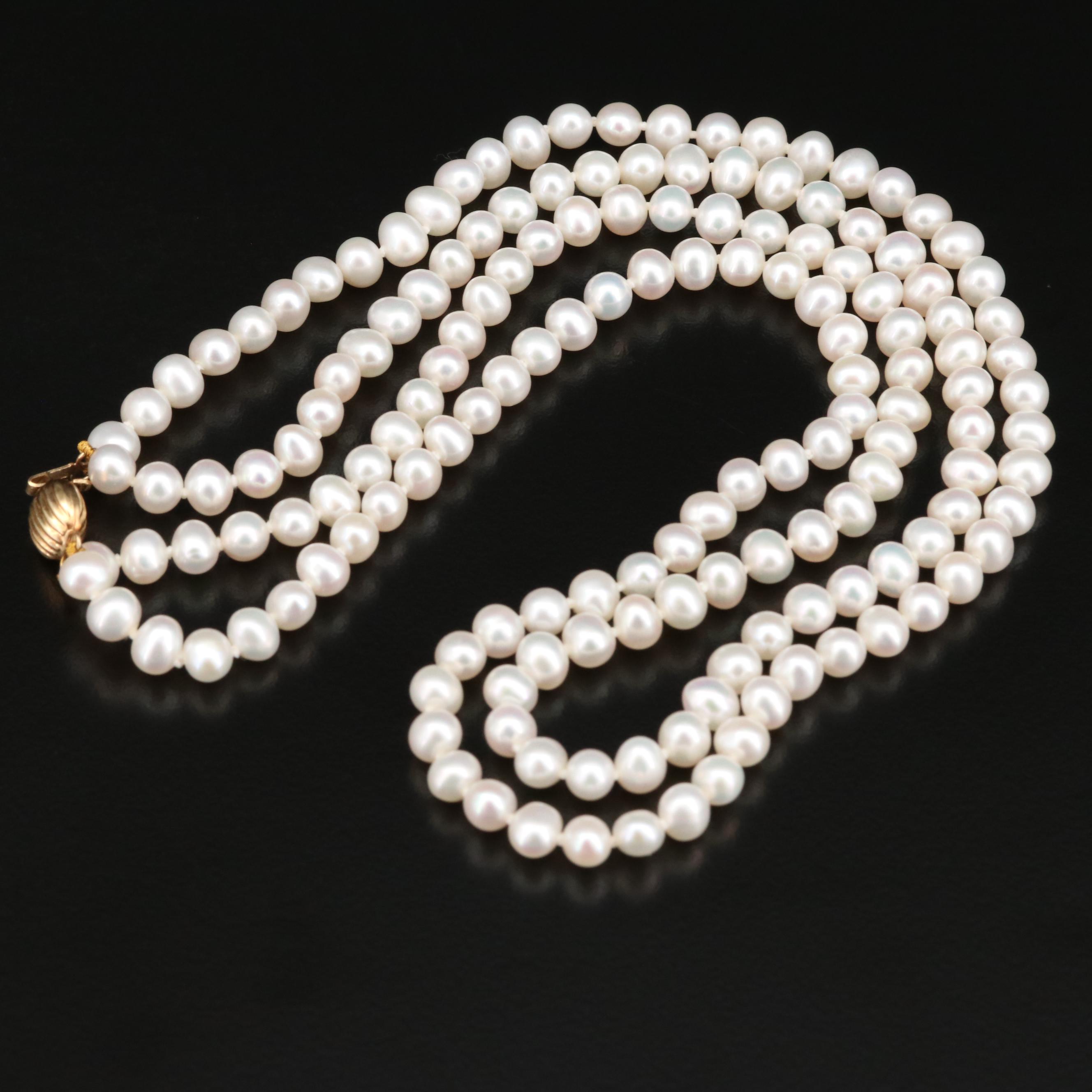 Hand Knotted Pearl Double Strand Necklace with 14K Clasp EBTH