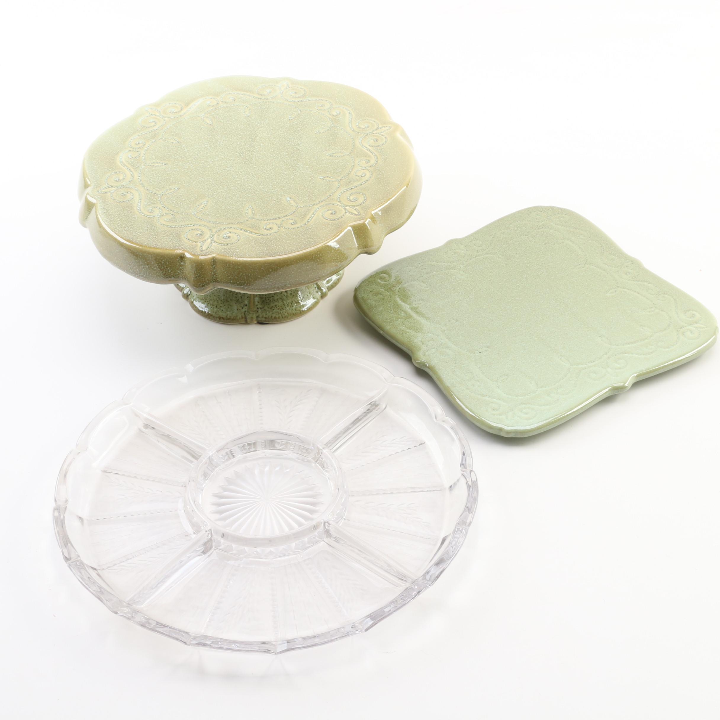 Etched Glass Divided Serving Tray with Ceramic Cake Stand and Trivet EBTH