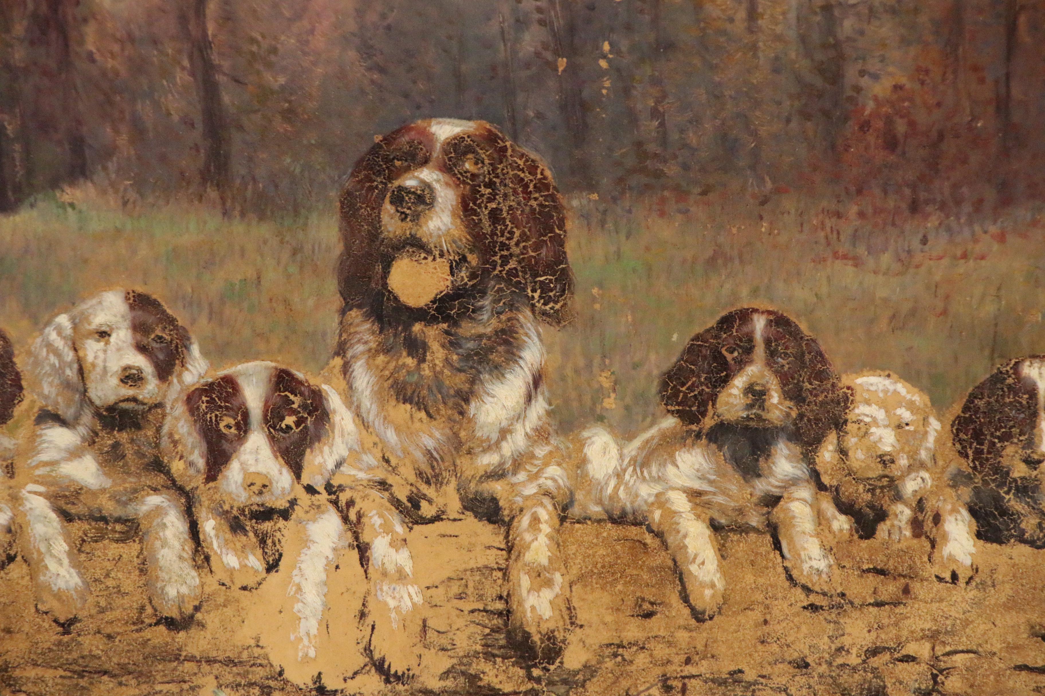 Oil Painting of Brittany Bird Dog and Puppies Perched on Log, 20th